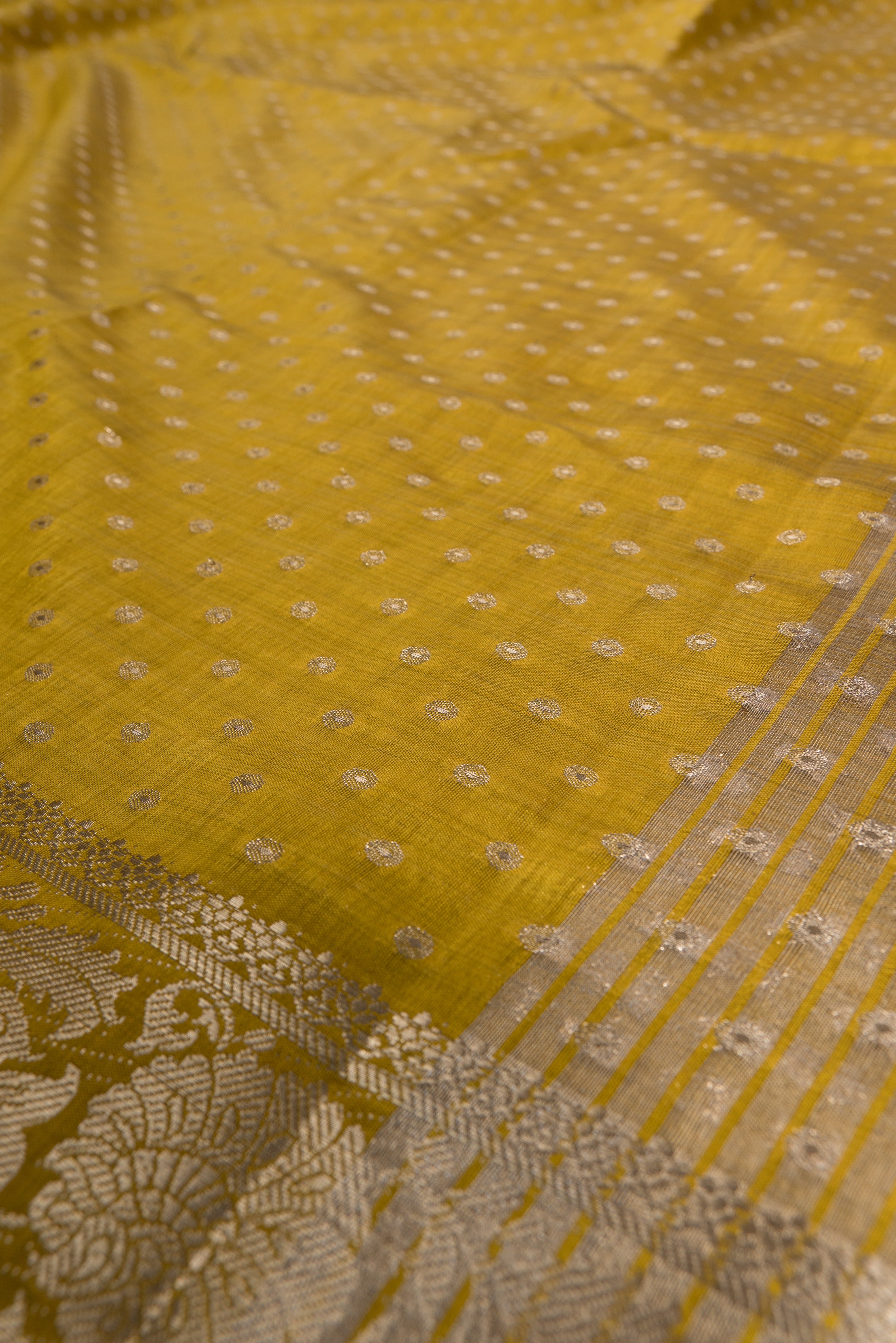 Haldi Yellow Tussar Silk Banarasi Saree with Gold Zari border and butti