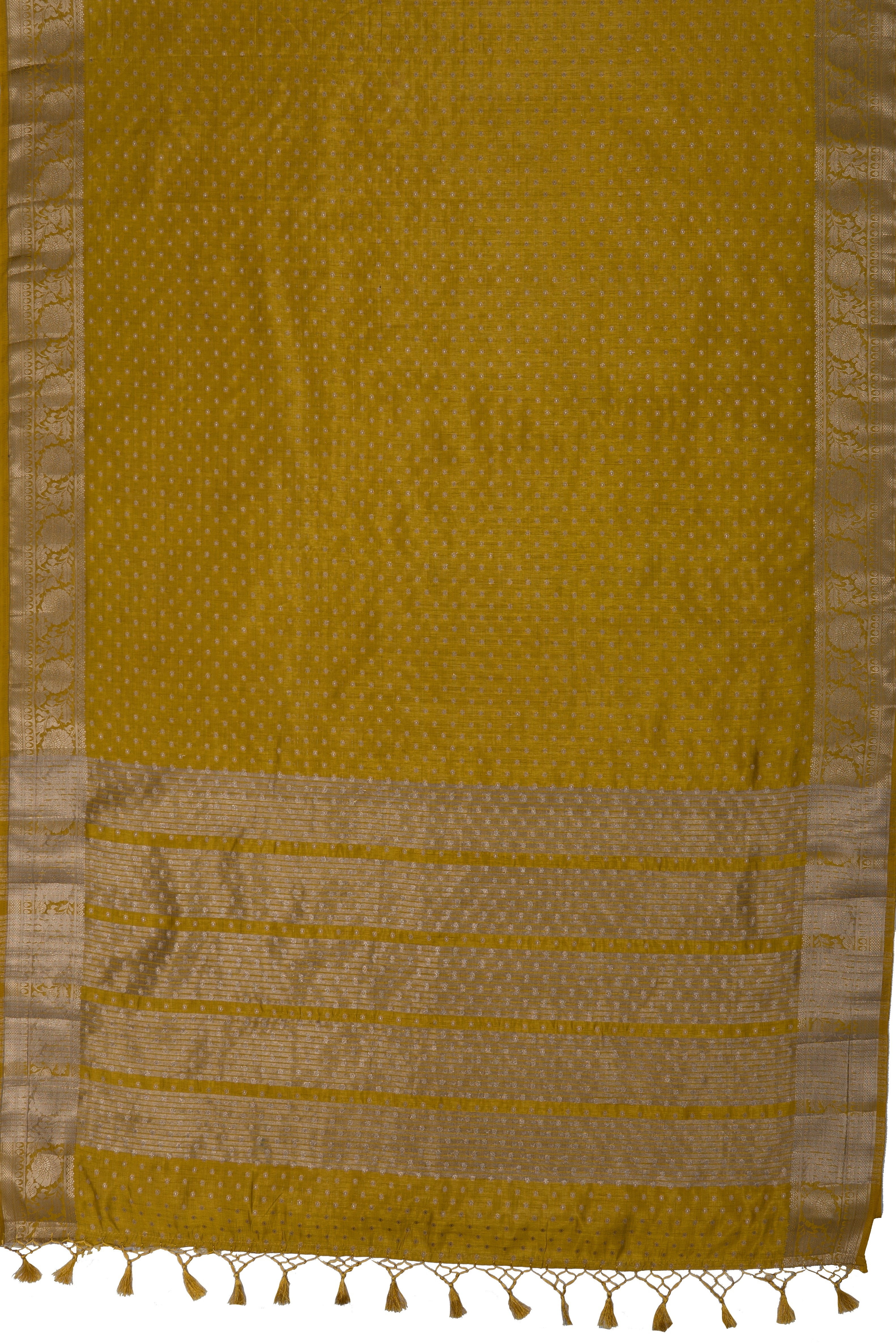 Haldi Yellow Tussar Silk Banarasi Saree with Gold Zari border and butti