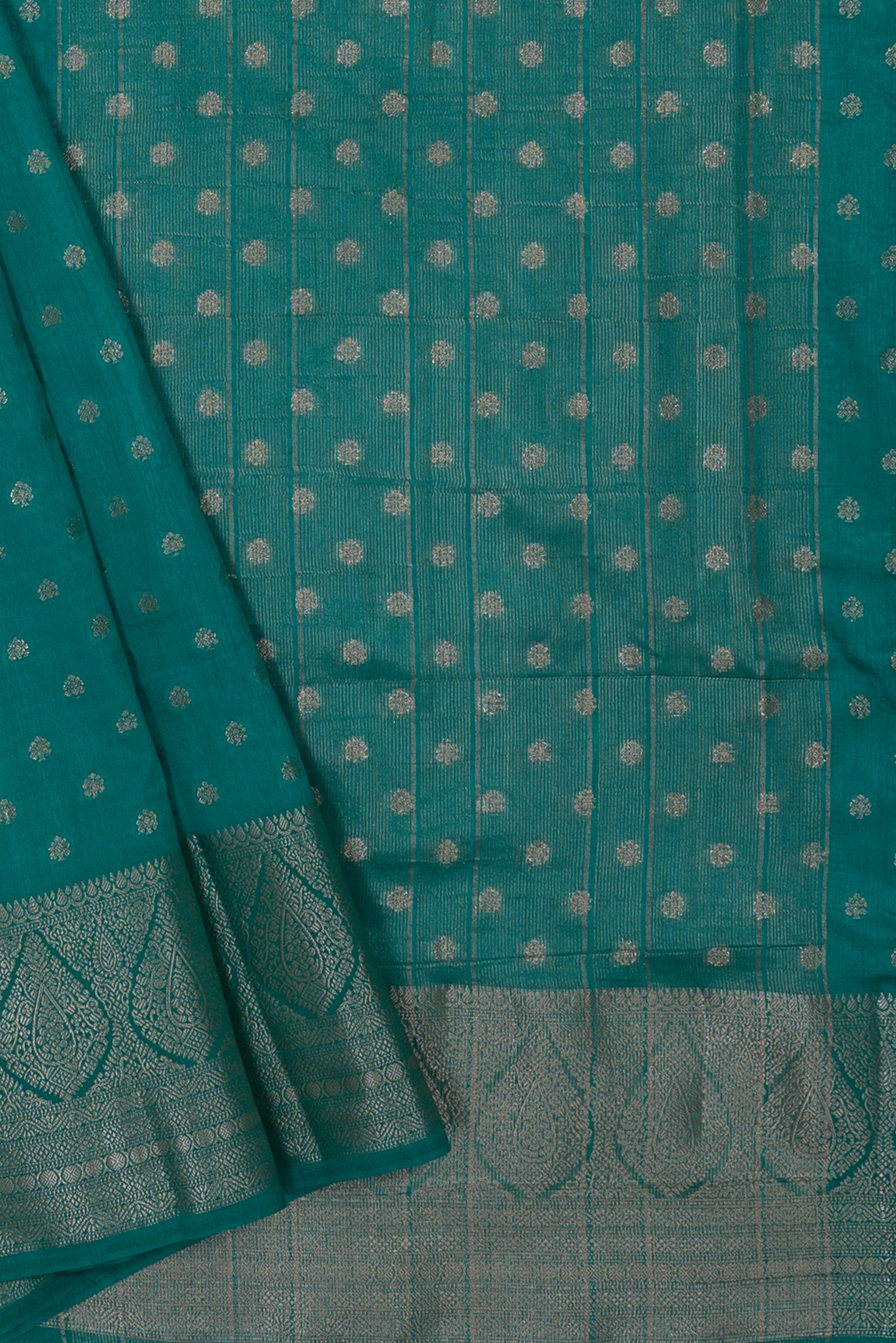 Rama Green Tussar Silk Banarasi Saree with White Gold Zariwork