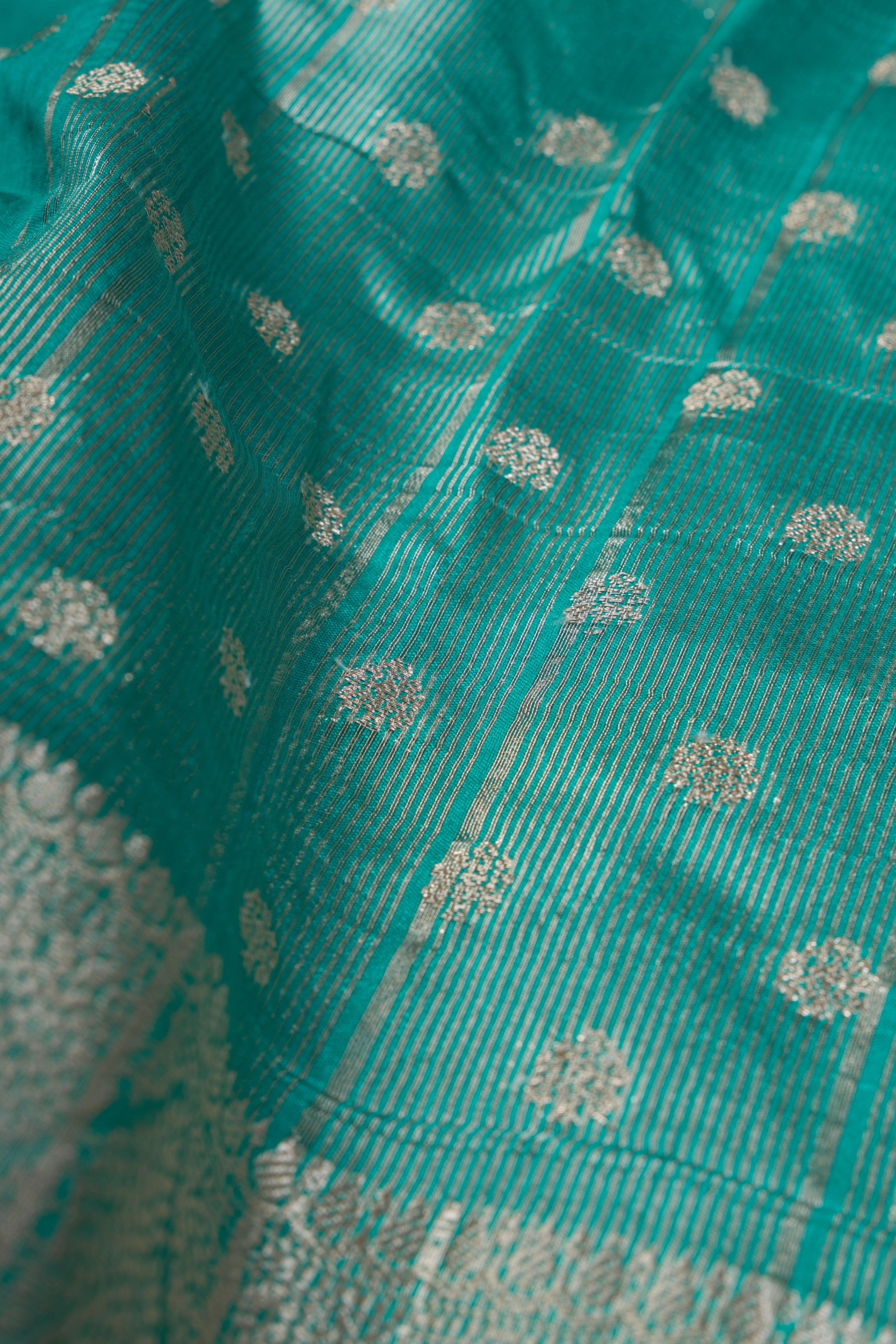 Rama Green Tussar Silk Banarasi Saree with White Gold Zariwork