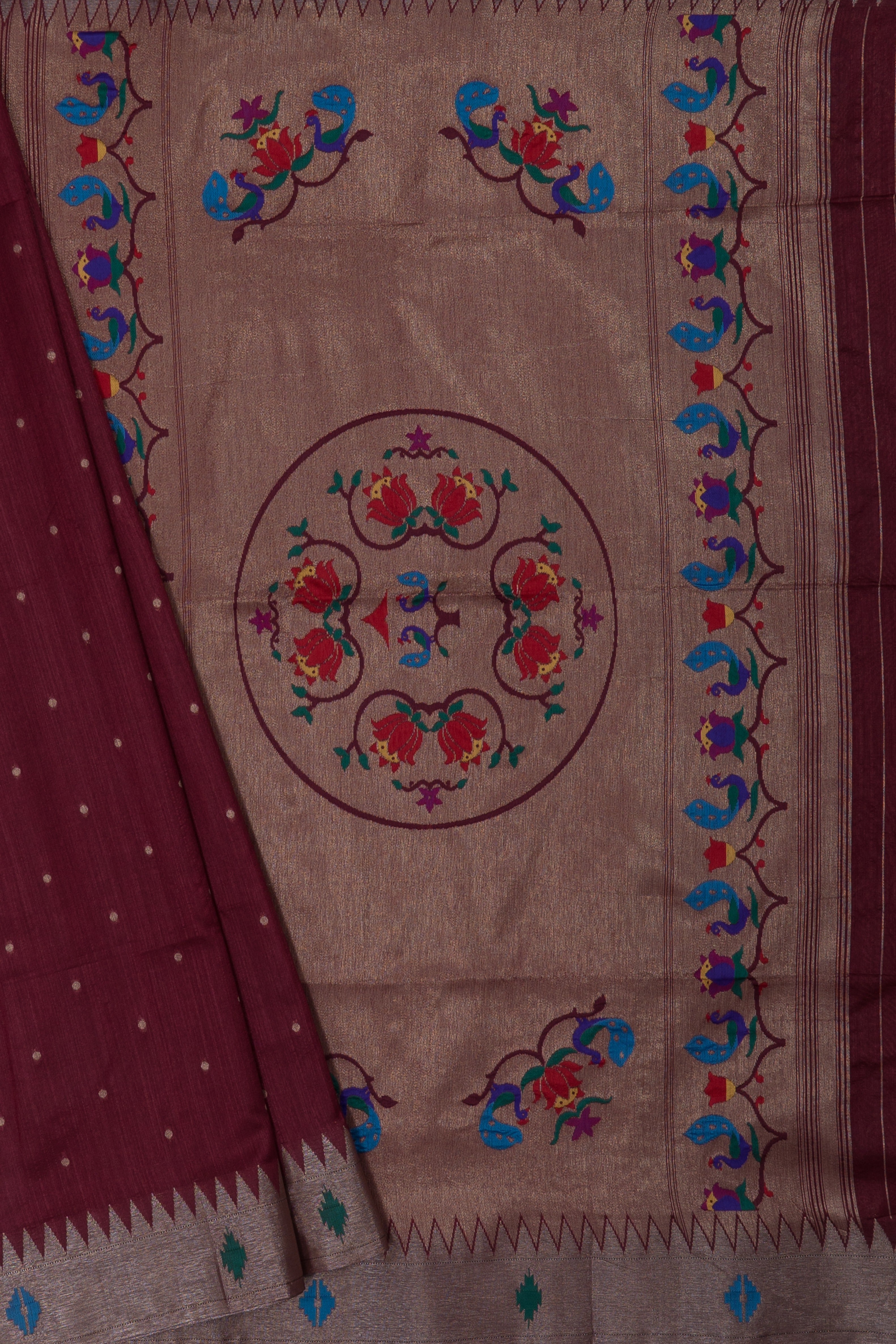 Rust Tussar Silk Paithani with Meena Pallu and Tissue blouse