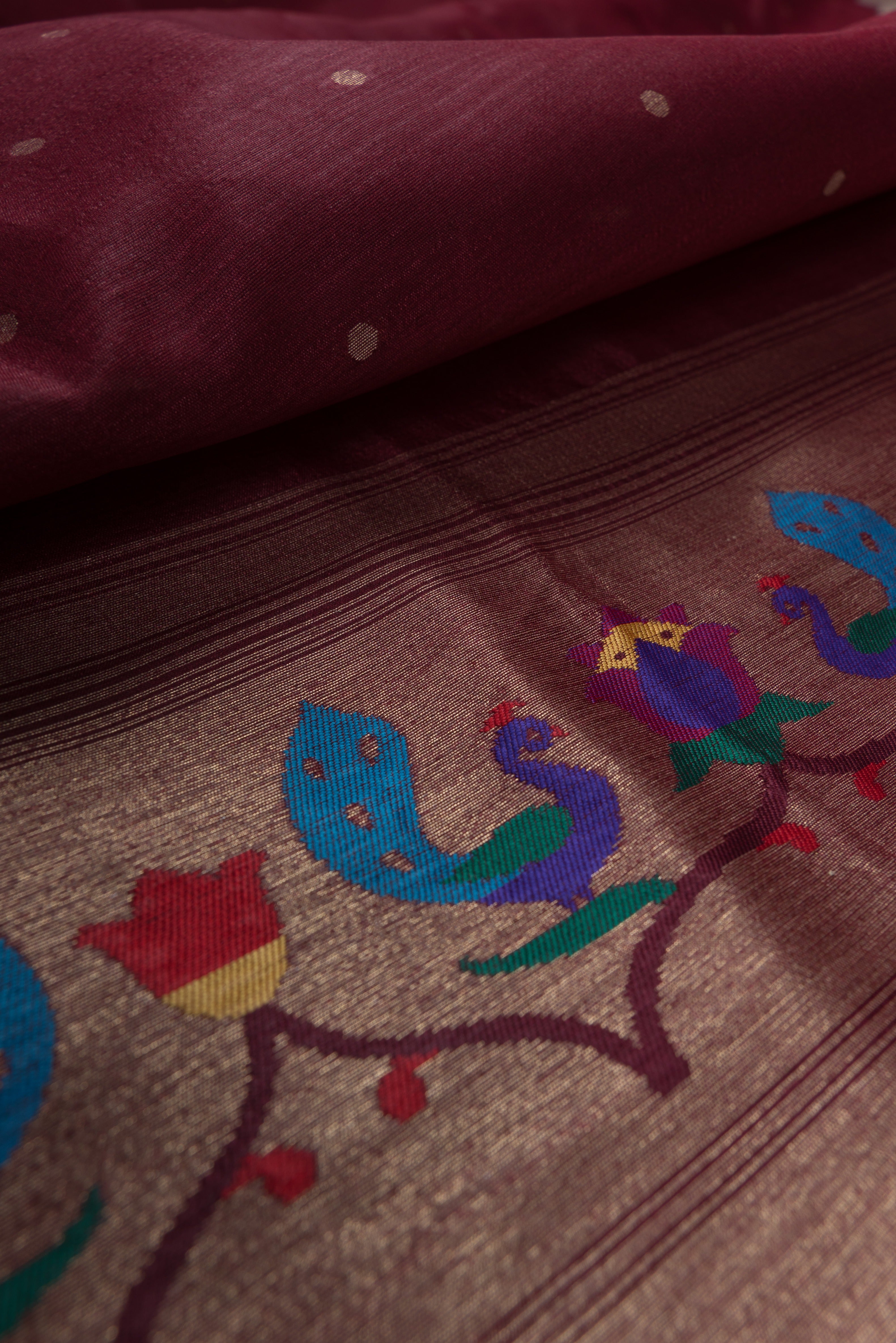 Rust Tussar Silk Paithani with Meena Pallu and Tissue blouse