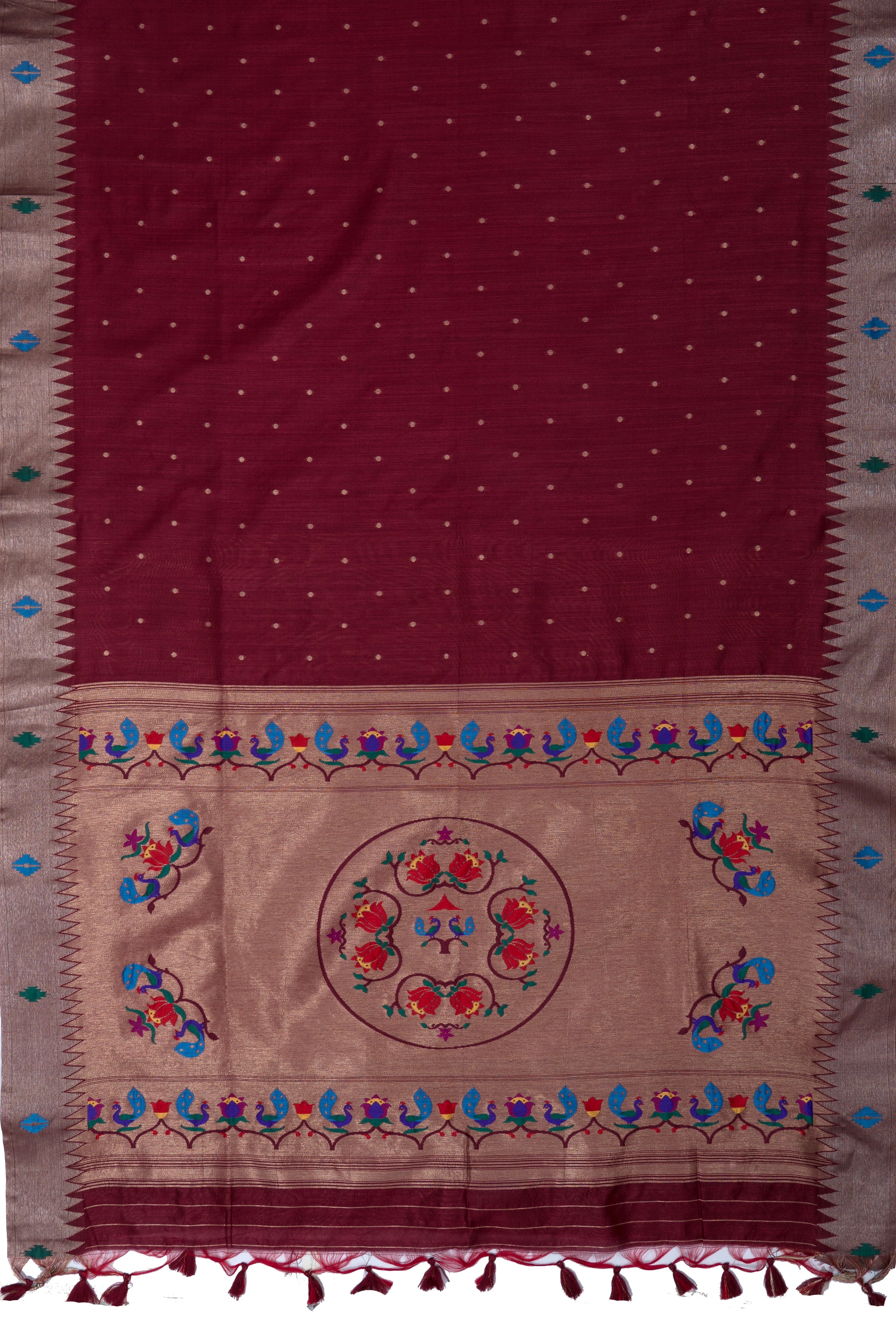 Rust Tussar Silk Paithani with Meena Pallu and Tissue blouse