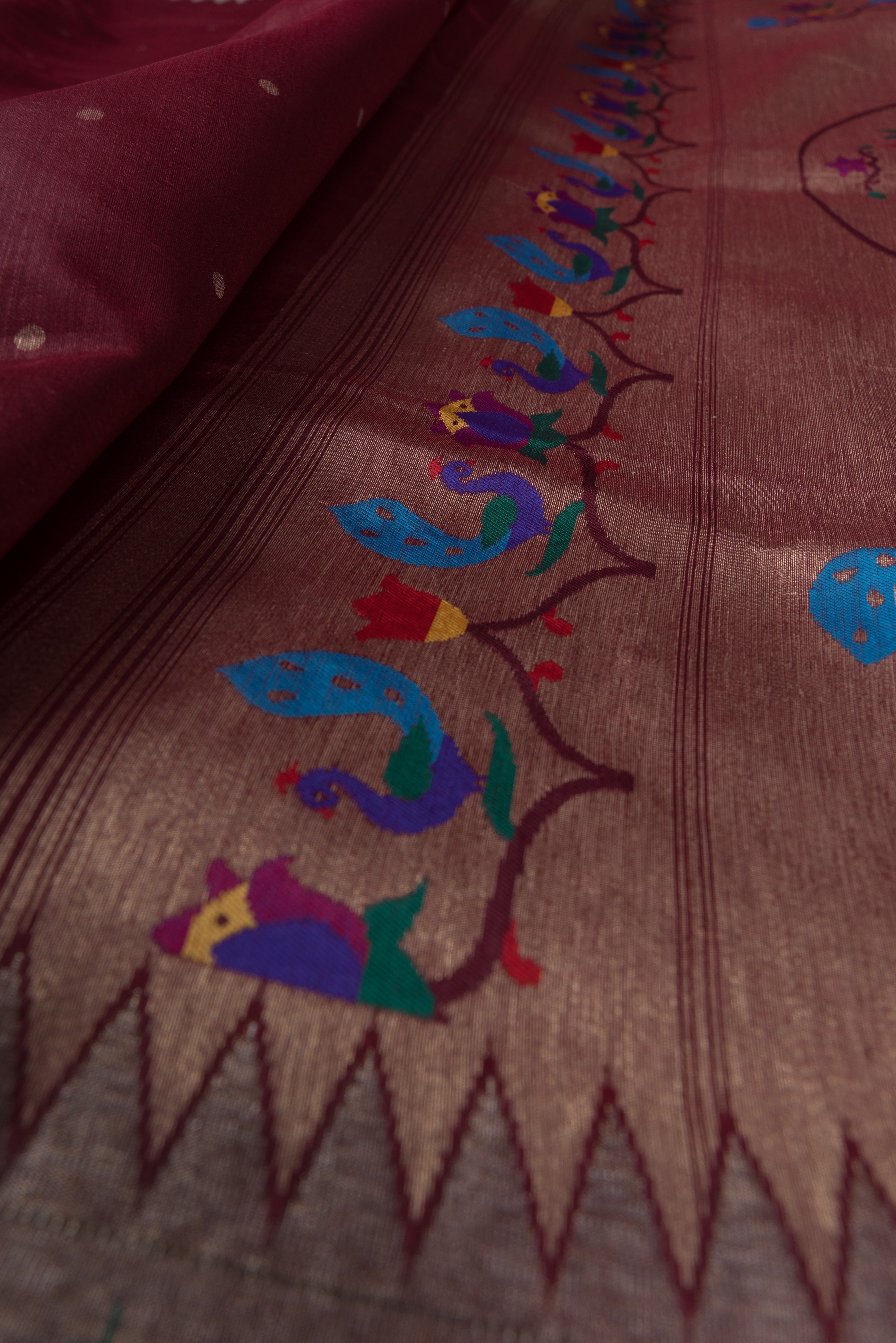 Rust Tussar Silk Paithani with Meena Pallu and Tissue blouse