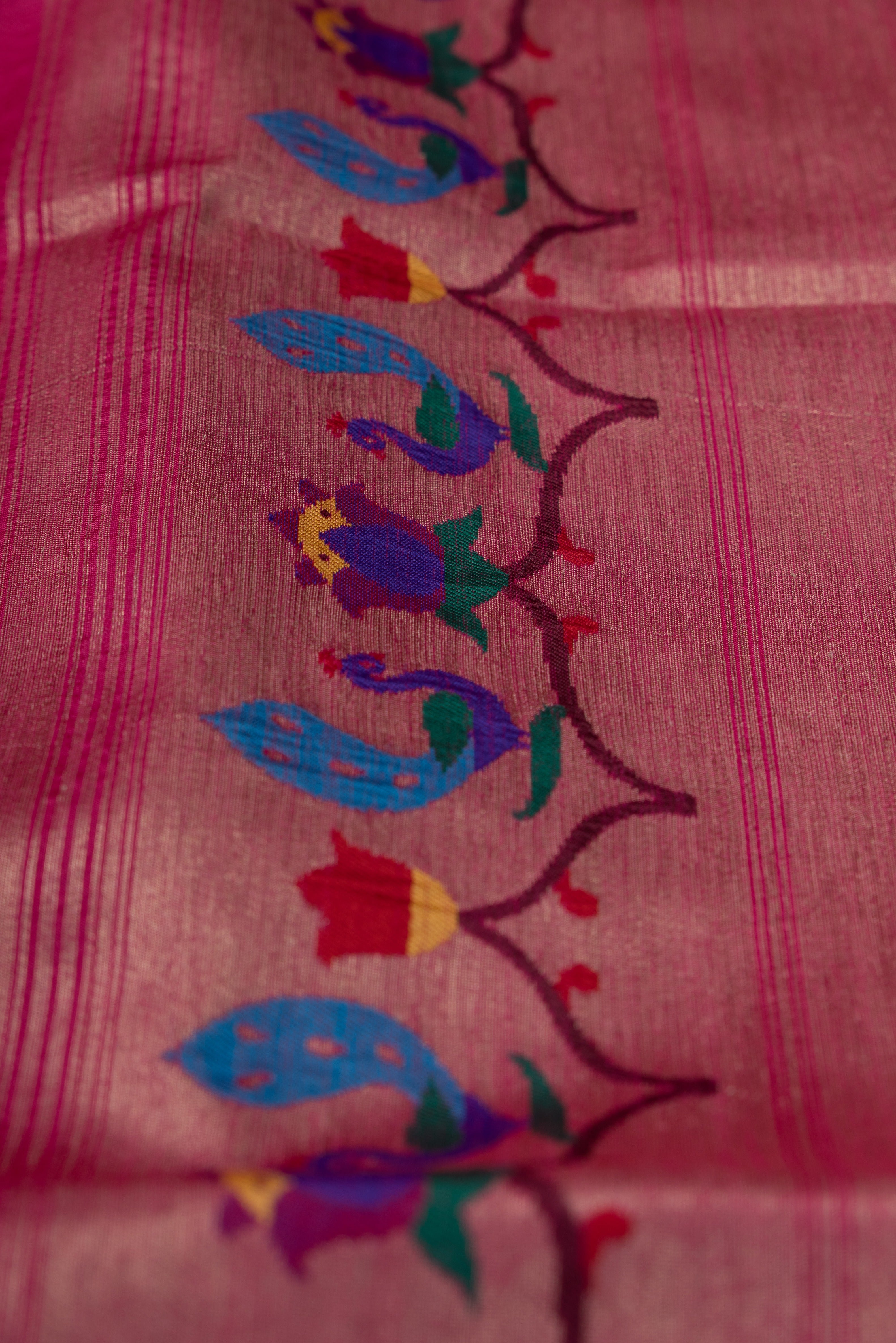 Rani Pink Tussar Silk Paithani with Meena Pallu and Tissue blouse