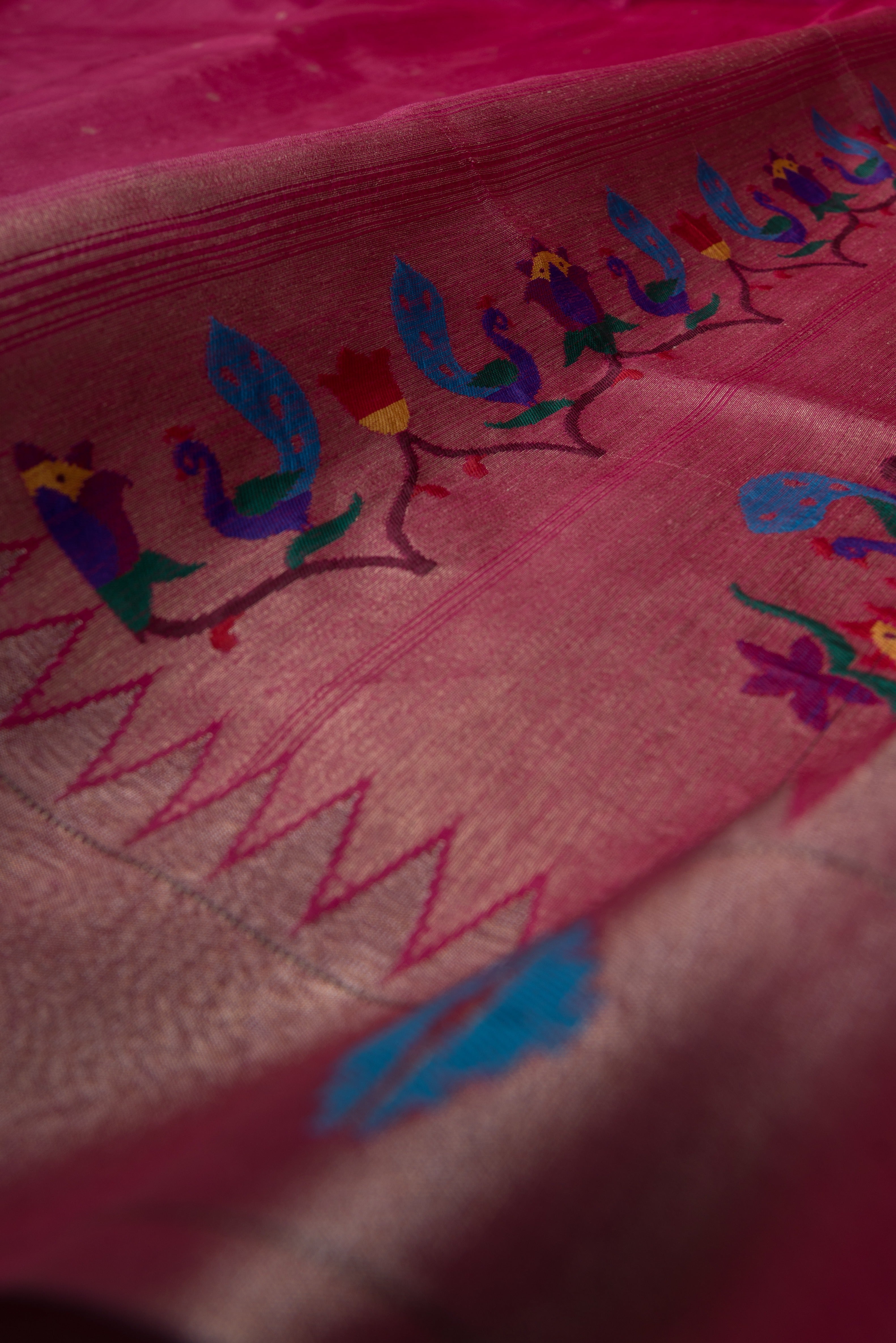 Rani Pink Tussar Silk Paithani with Meena Pallu and Tissue blouse