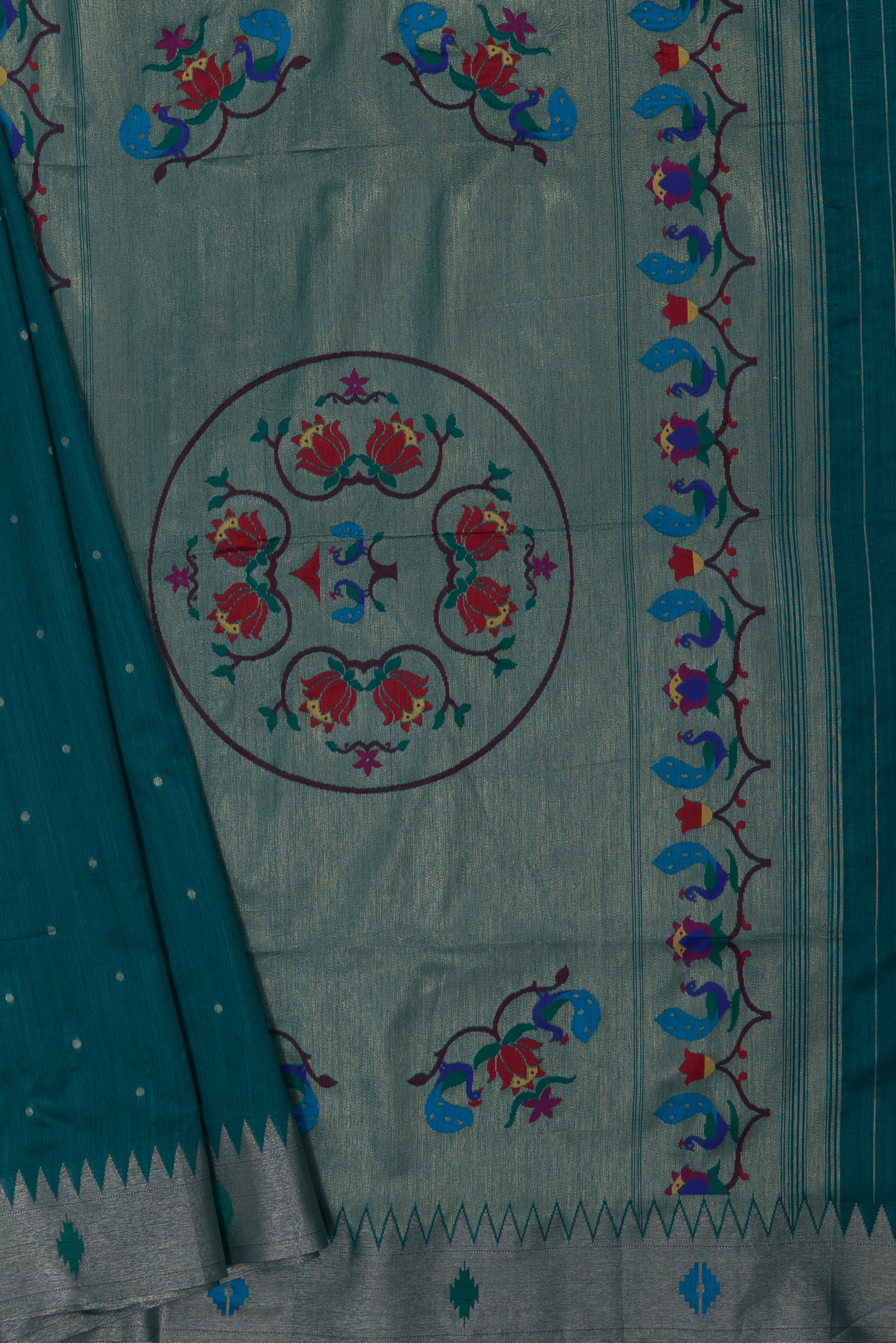 Rama Green Tussar Silk Paithani with Meena Pallu and Tissue blouse