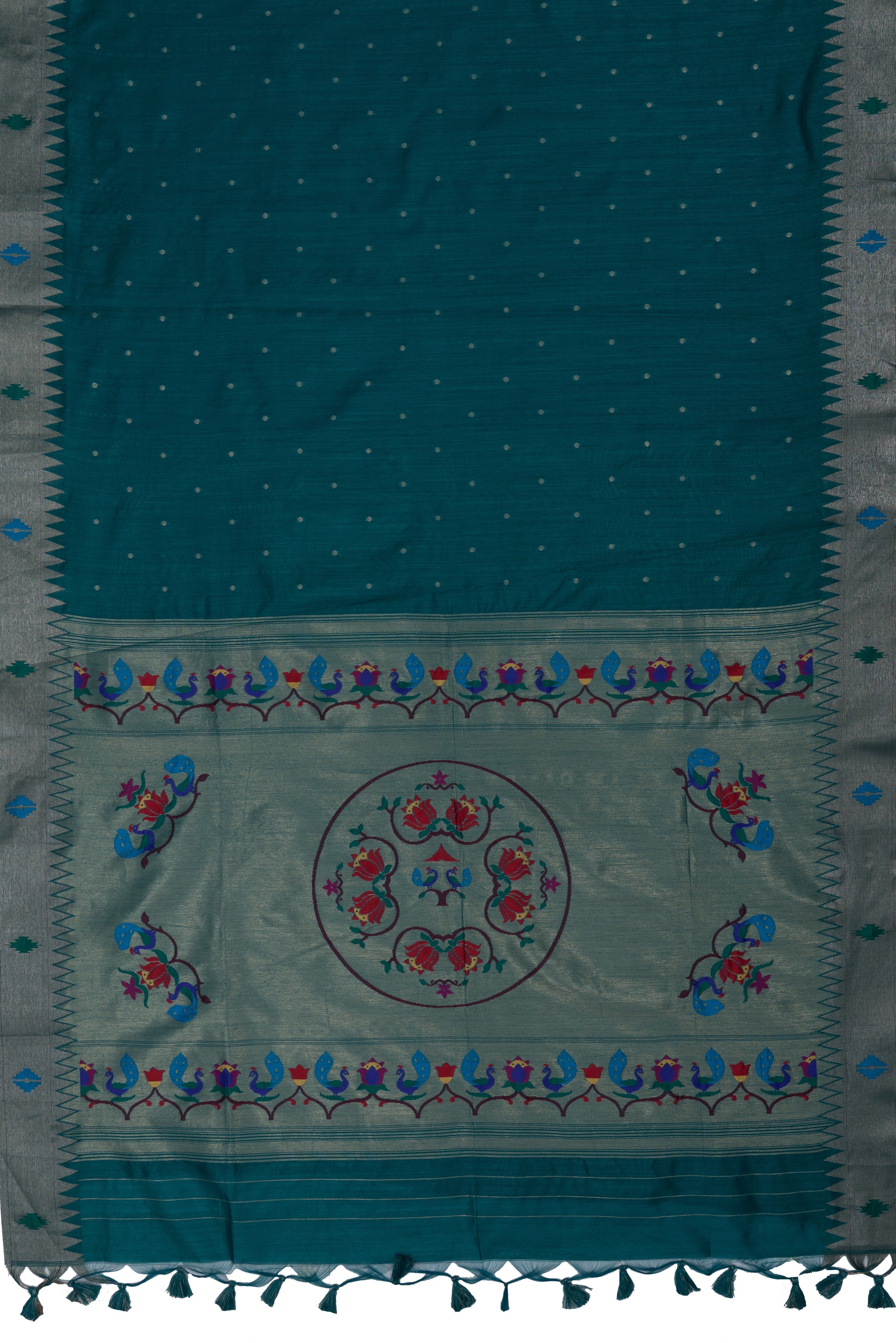 Rama Green Tussar Silk Paithani with Meena Pallu and Tissue blouse