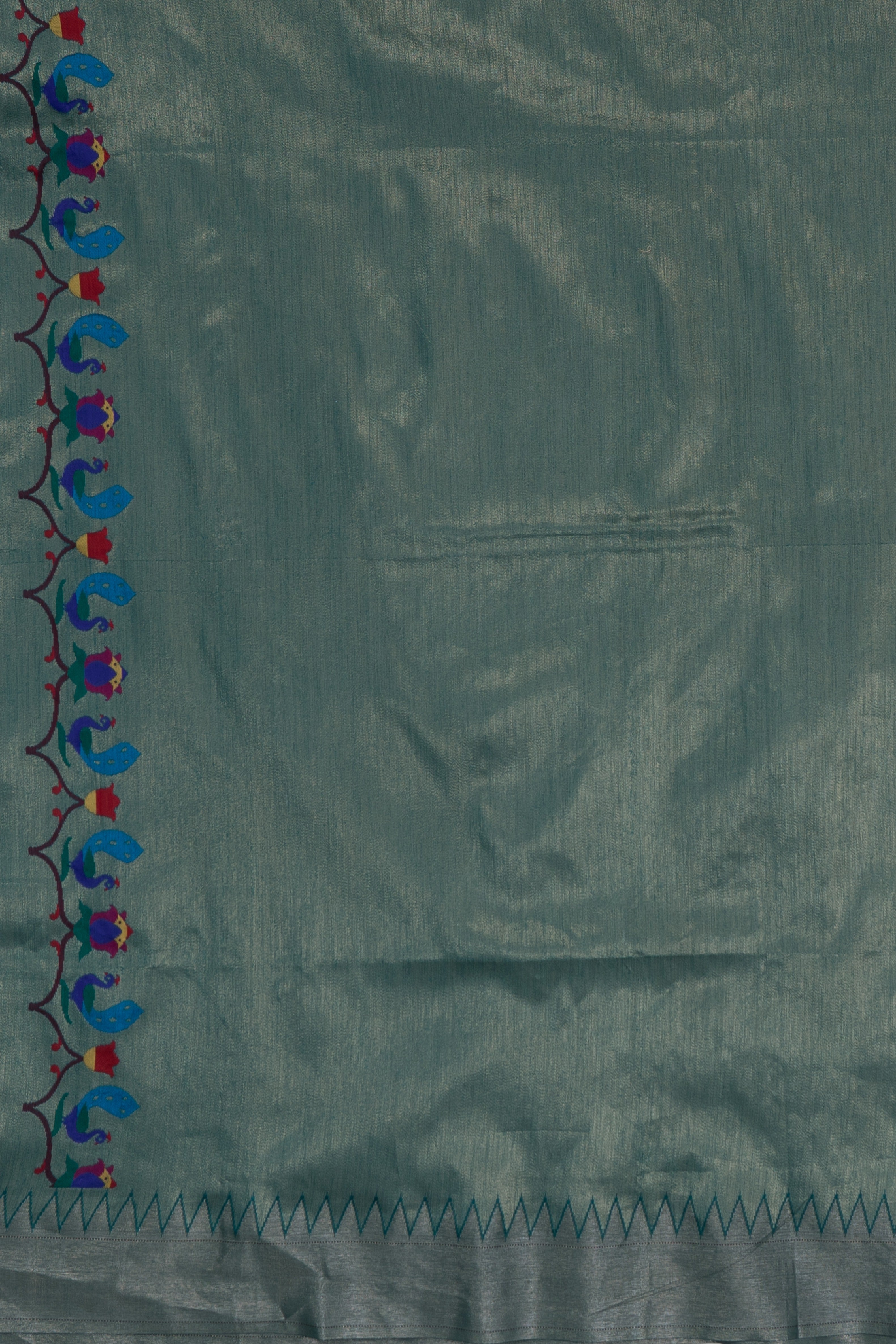 Rama Green Tussar Silk Paithani with Meena Pallu and Tissue blouse