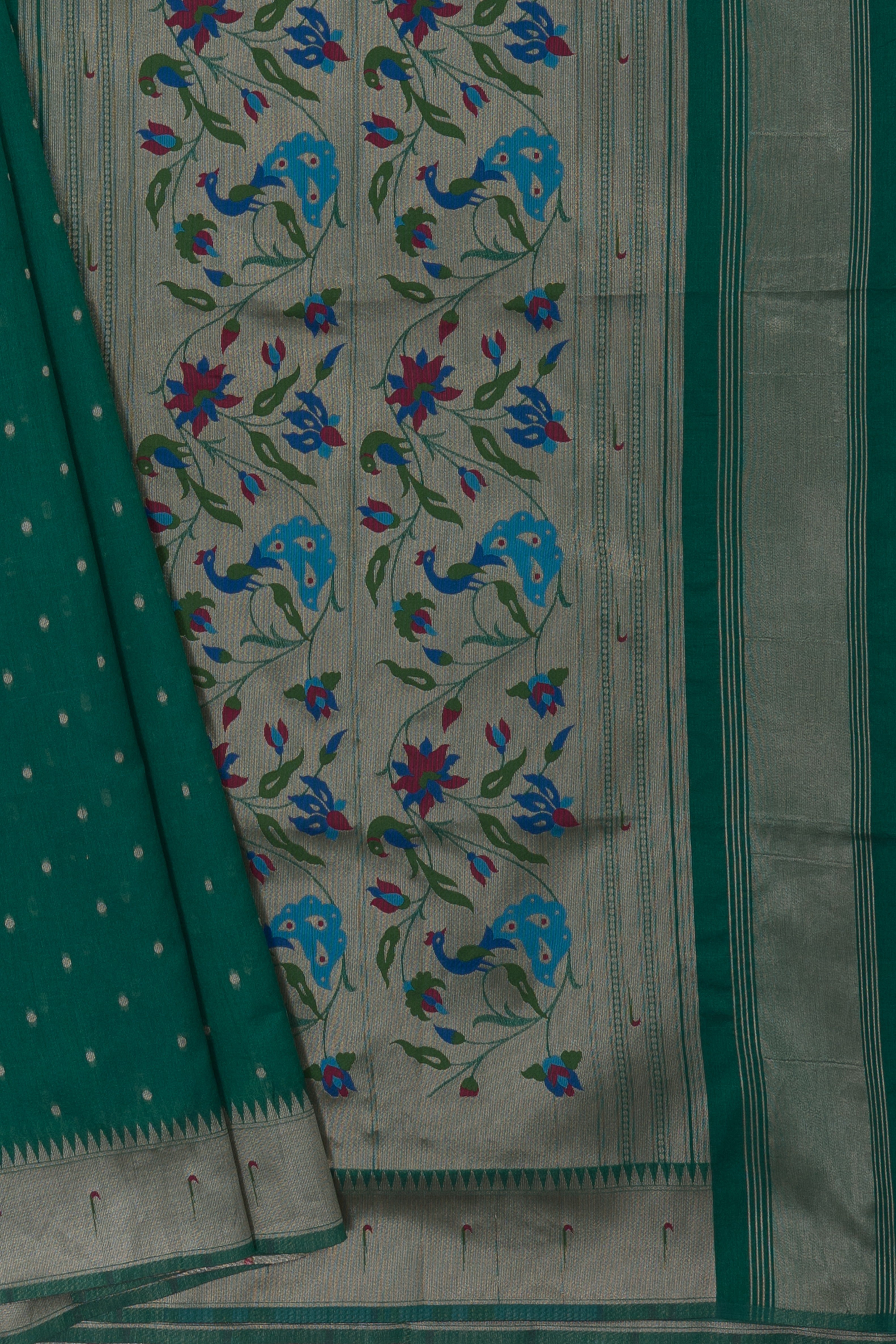 Panna Green Tussar Silk Paithani Saree with Munya border and Resham Zari