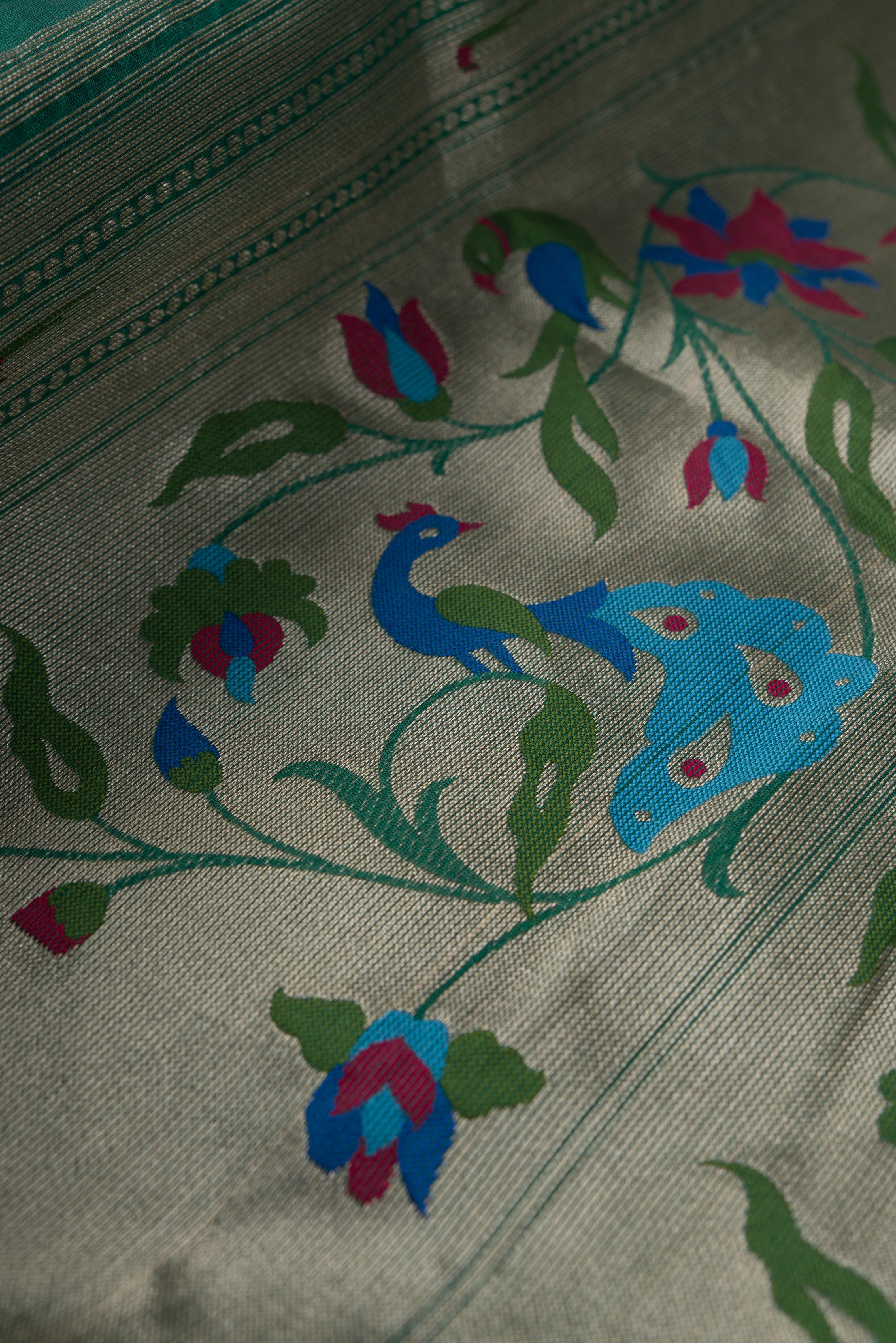 Panna Green Tussar Silk Paithani Saree with Munya border and Resham Zari
