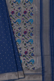 Indigo Blue Tussar Silk Munya Paithani with Silver Zari Irkal and Bangdi Mor Pallu