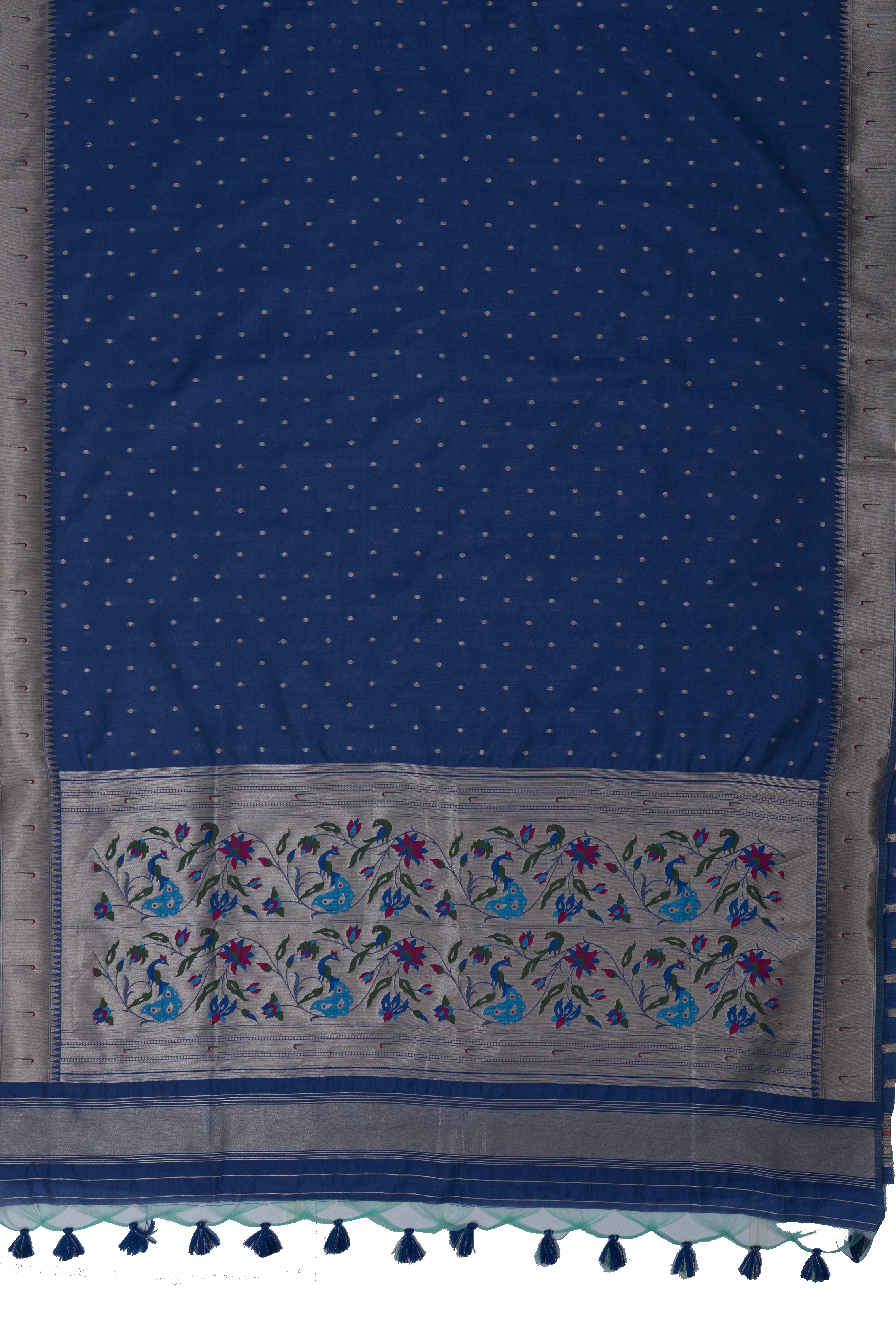 Indigo Blue Tussar Silk Munya Paithani with Silver Zari Irkal and Bangdi Mor Pallu
