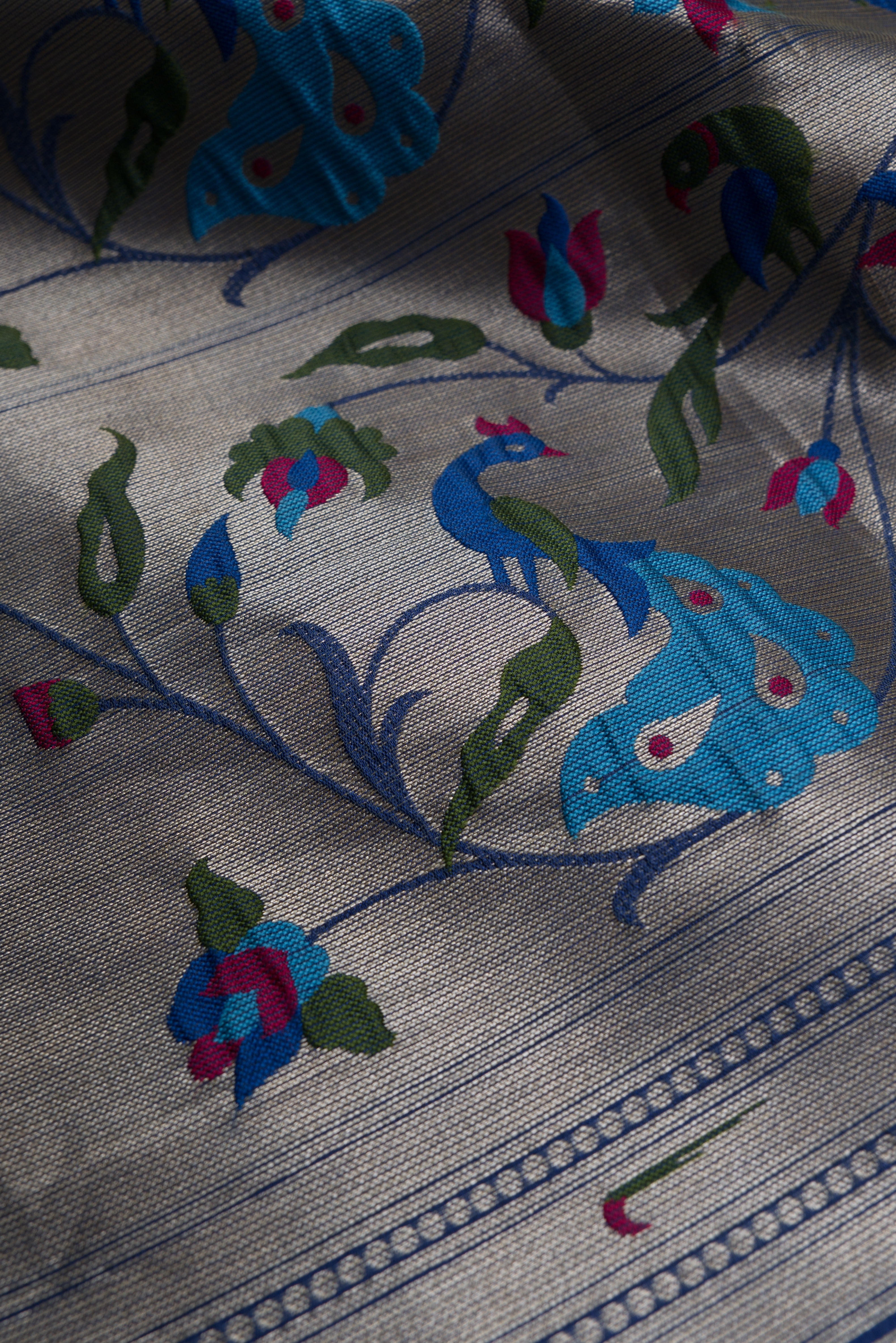 Indigo Blue Tussar Silk Munya Paithani with Silver Zari Irkal and Bangdi Mor Pallu
