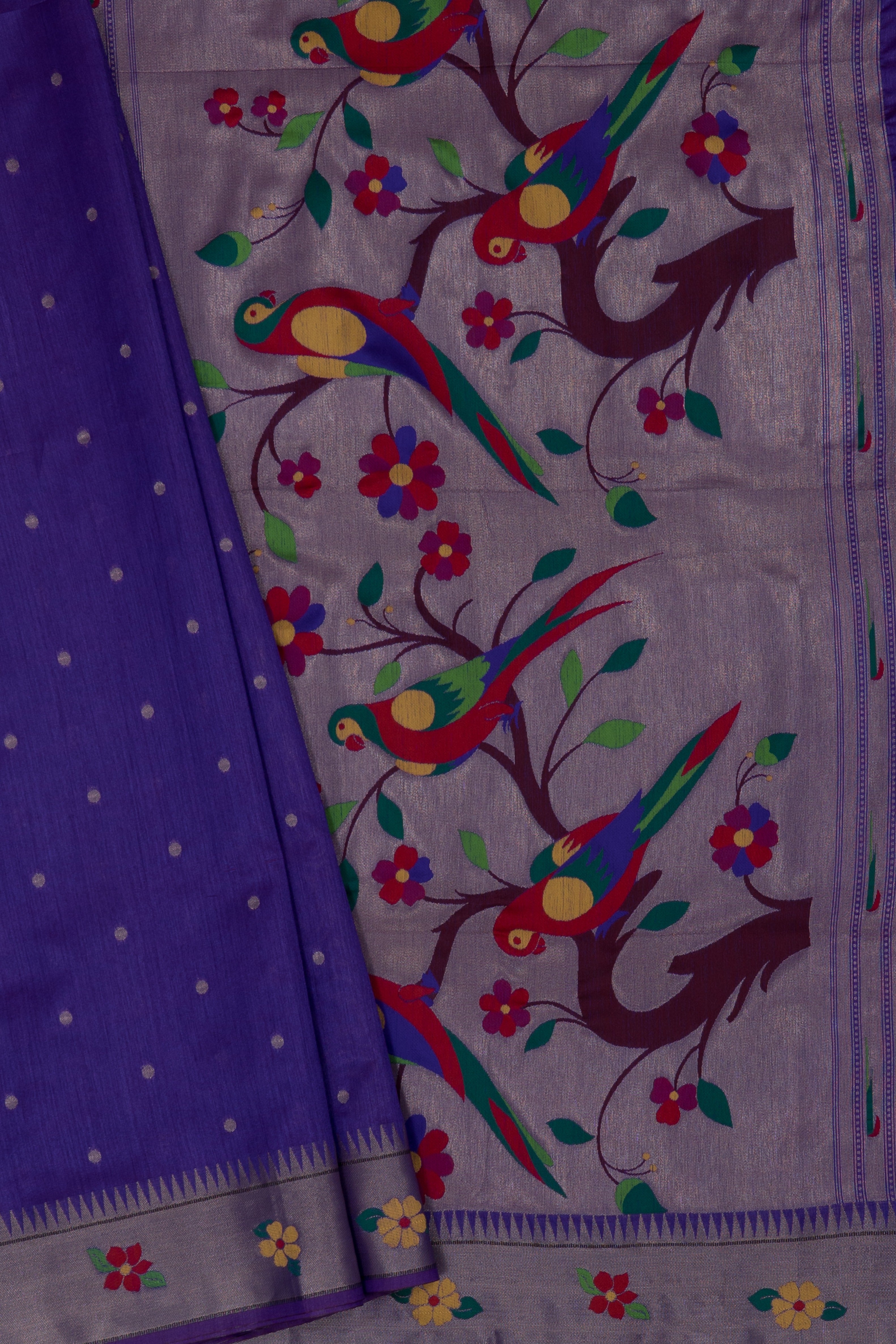 Royal Purple Tussar Silk Paithani with Designer Tissue blouse and Parrot Pallu