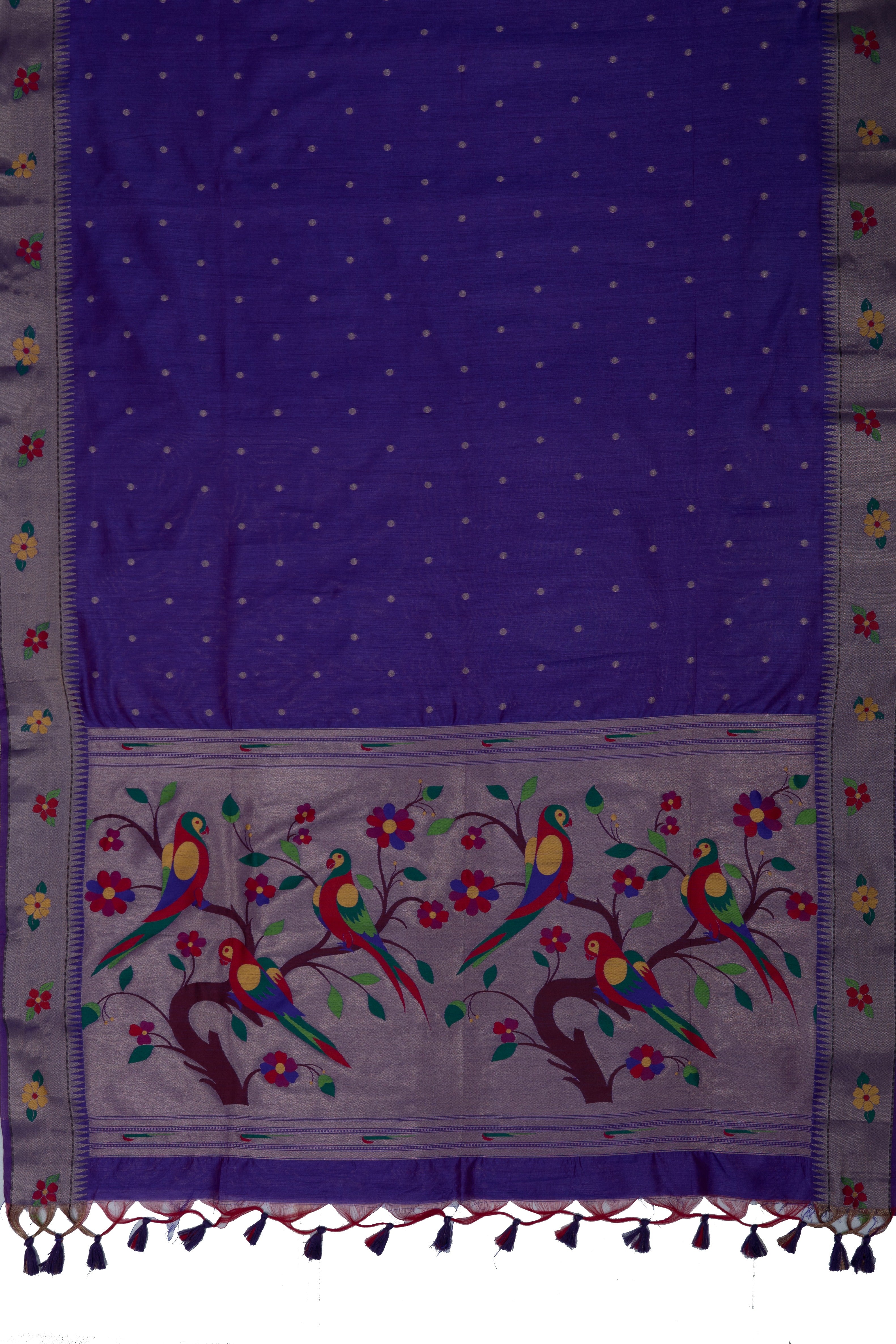 Royal Purple Tussar Silk Paithani with Designer Tissue blouse and Parrot Pallu