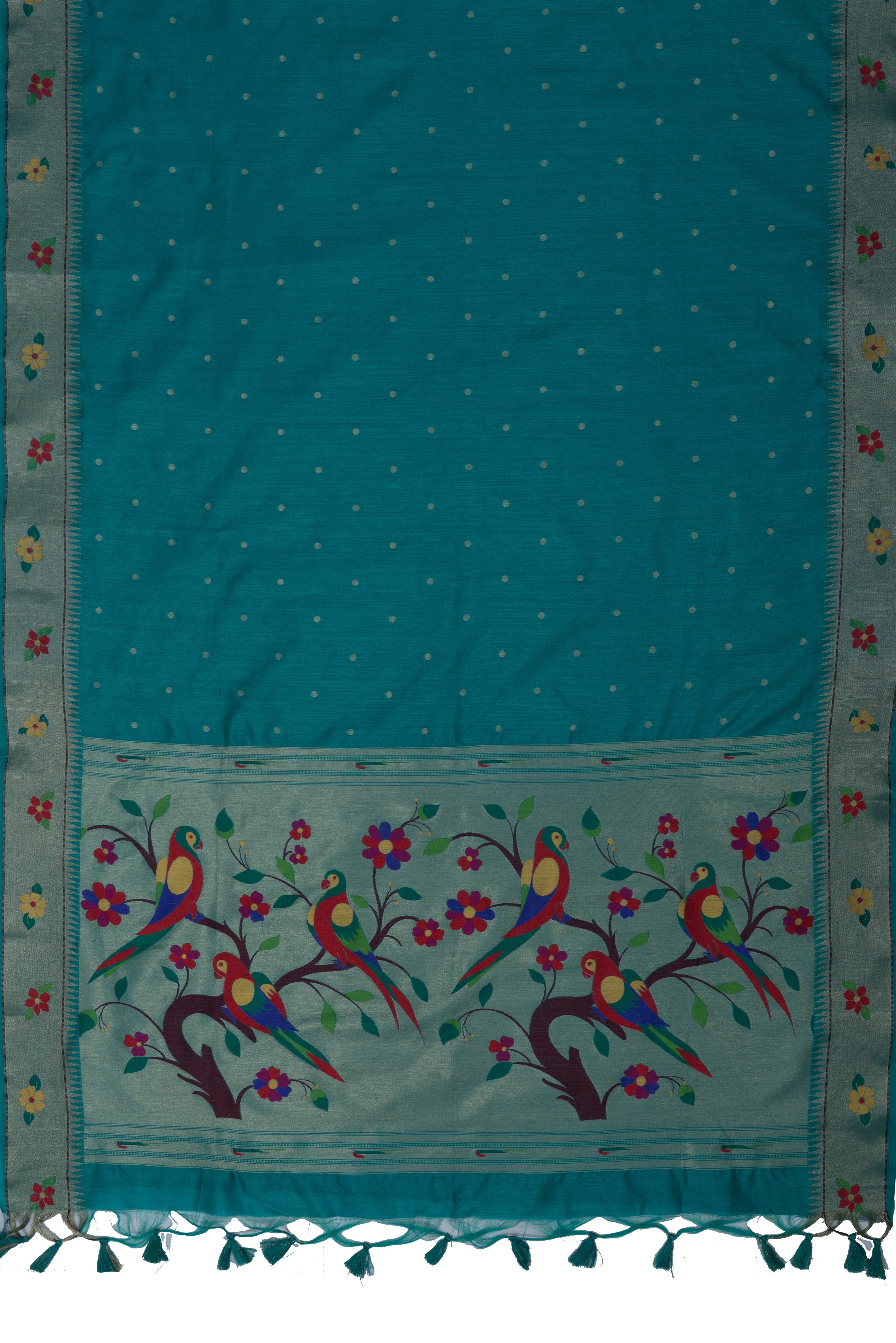 Rama Green Tussar Silk Paithani with Designer Tissue blouse and Parrot Pallu