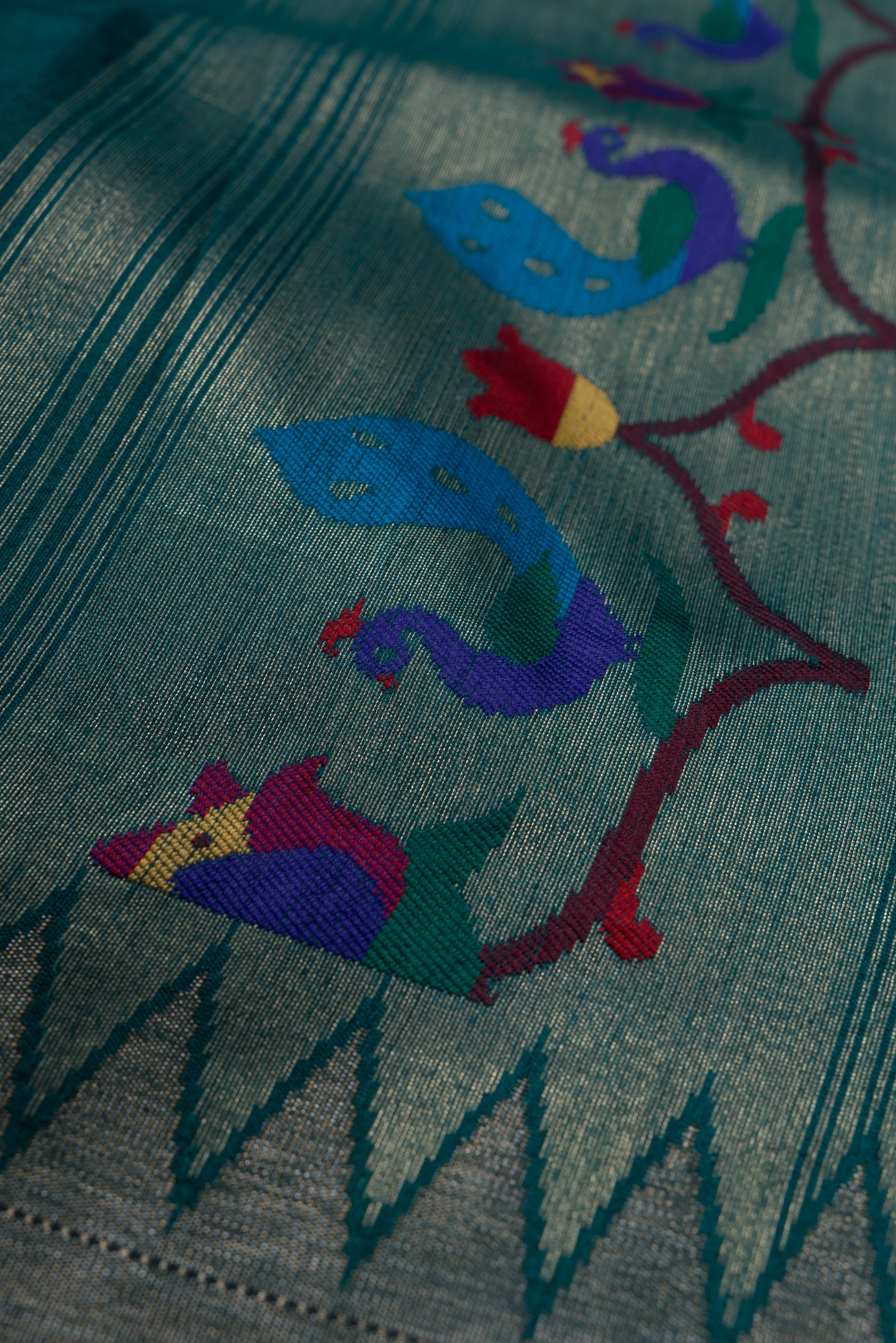 Rama Green Tussar Silk Paithani with Designer Tissue blouse and Parrot Pallu