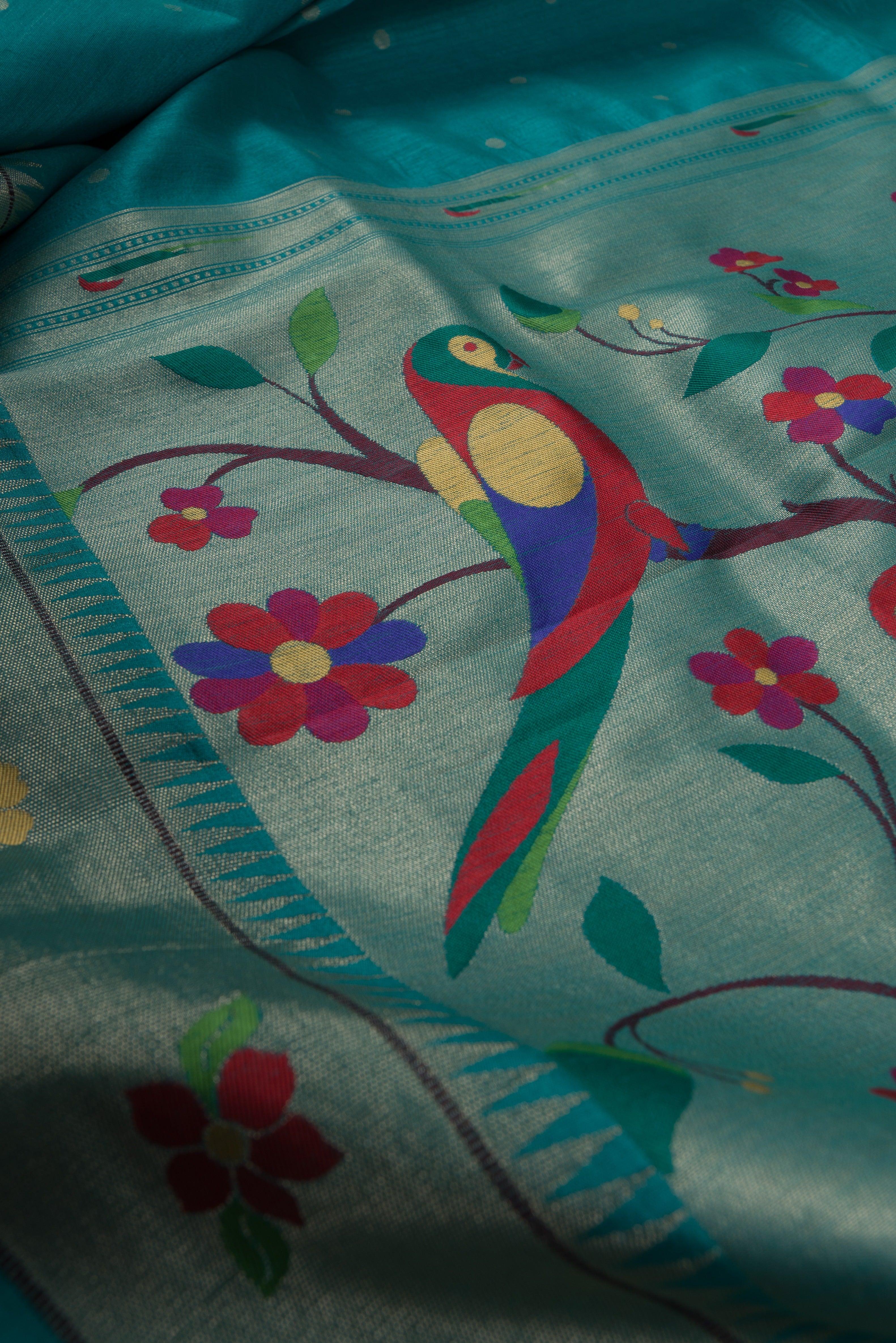 Rama Green Tussar Silk Paithani with Designer Tissue blouse and Parrot Pallu
