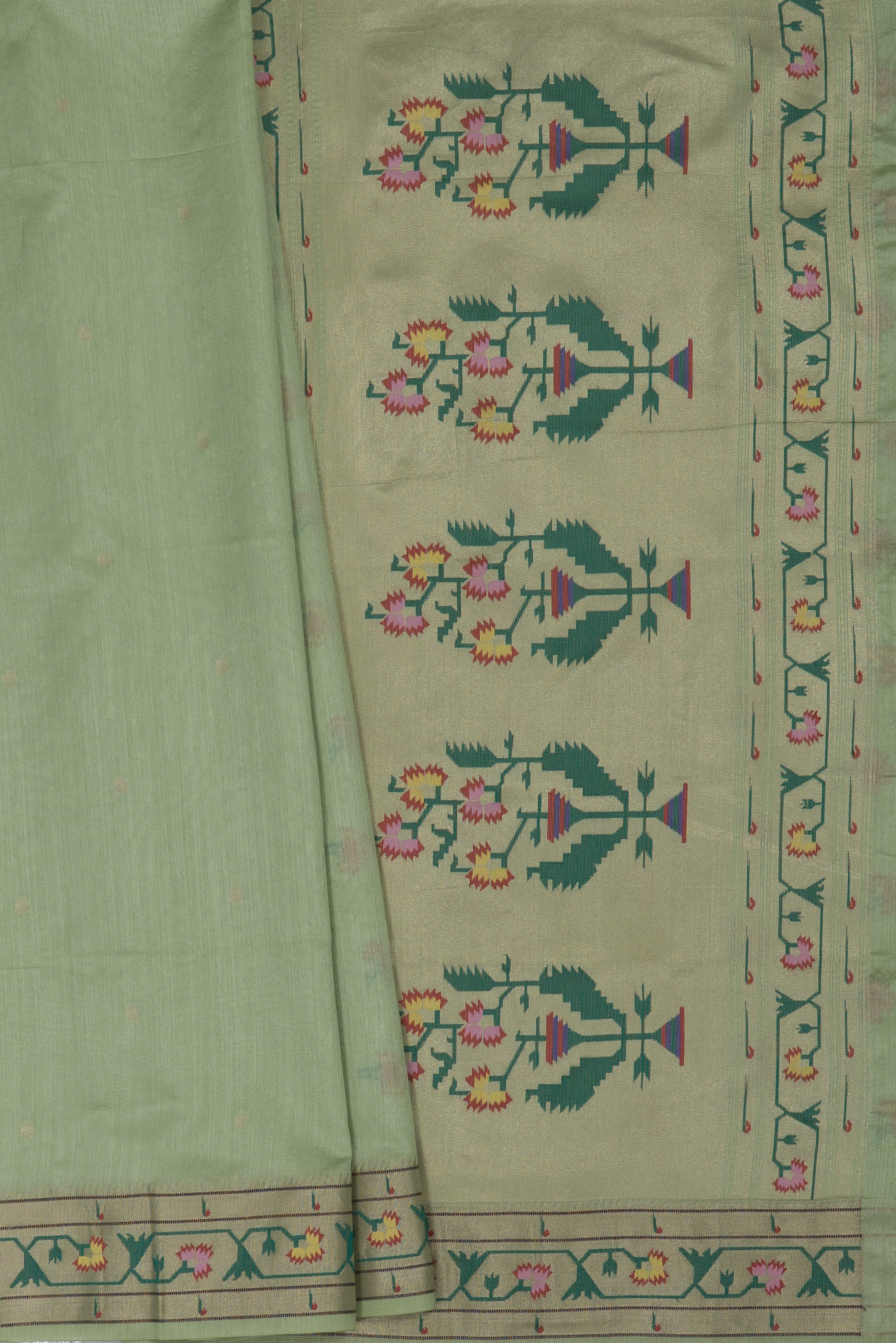 Pastel Green Tussar Silk Paithani with Asawali border and Samay Pallu