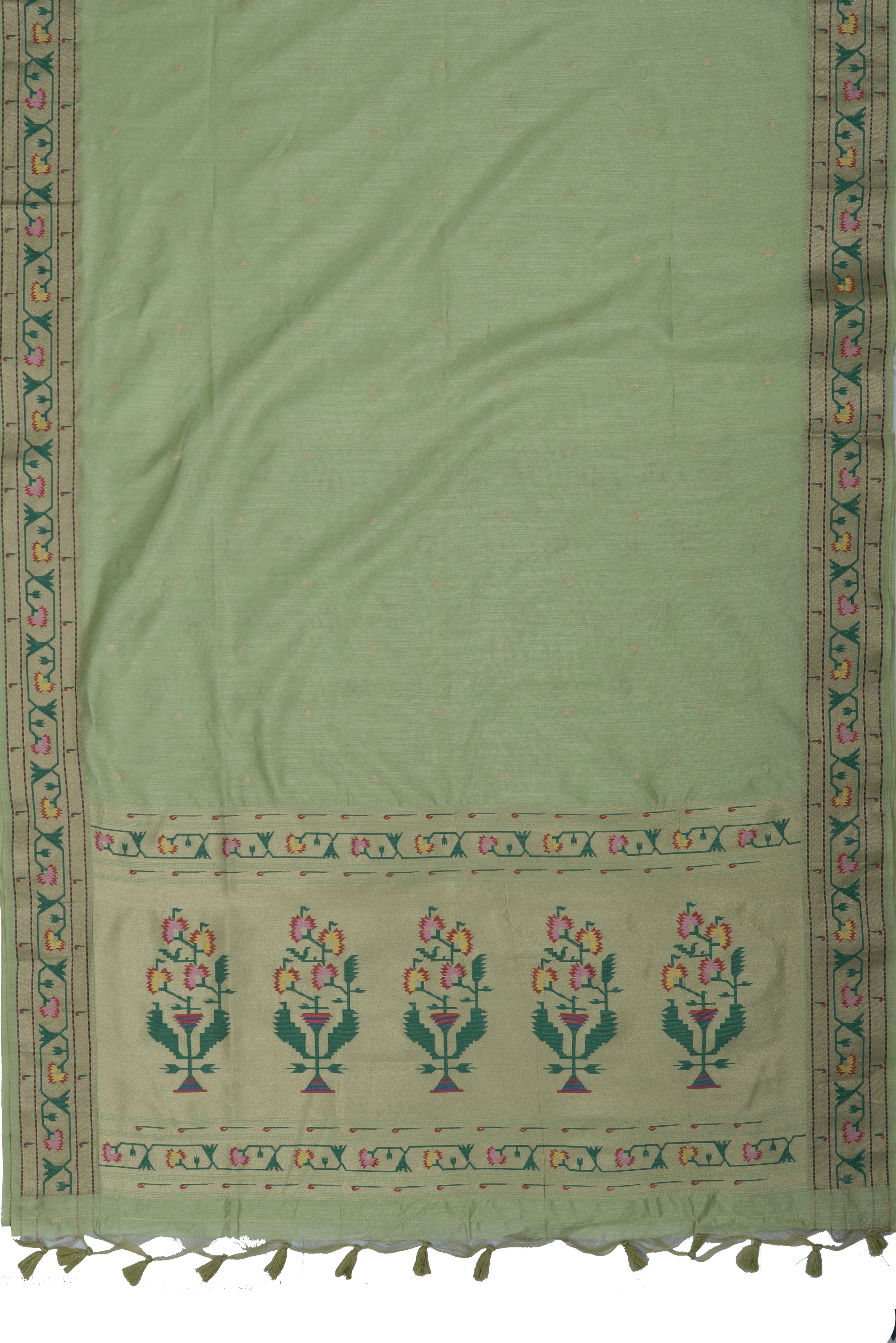Pastel Green Tussar Silk Paithani with Asawali border and Samay Pallu