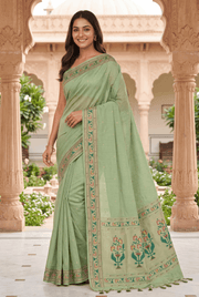 Pastel Green Tussar Silk Paithani with Asawali border and Samay Pallu