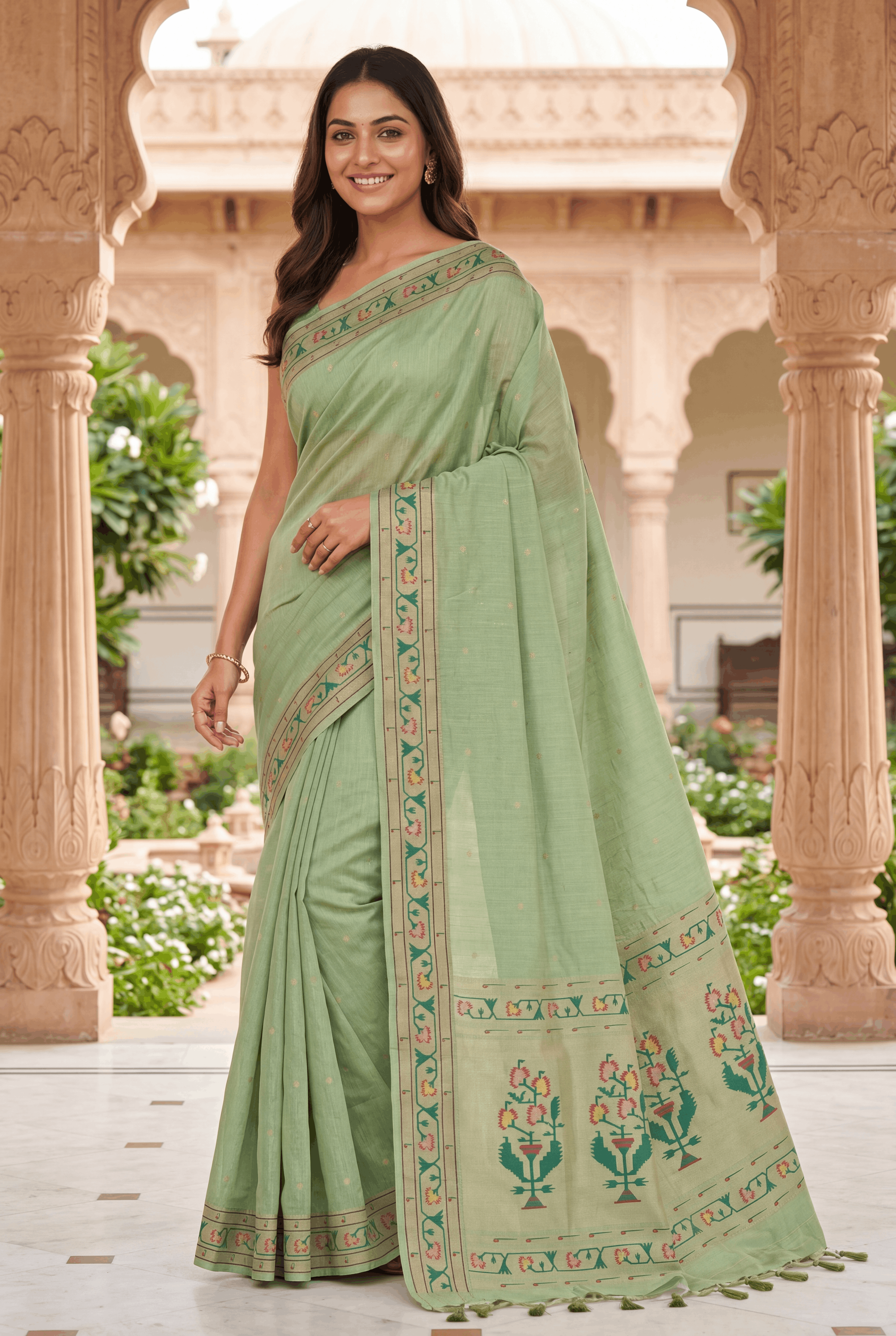 Pastel Green Tussar Silk Paithani with Asawali border and Samay Pallu