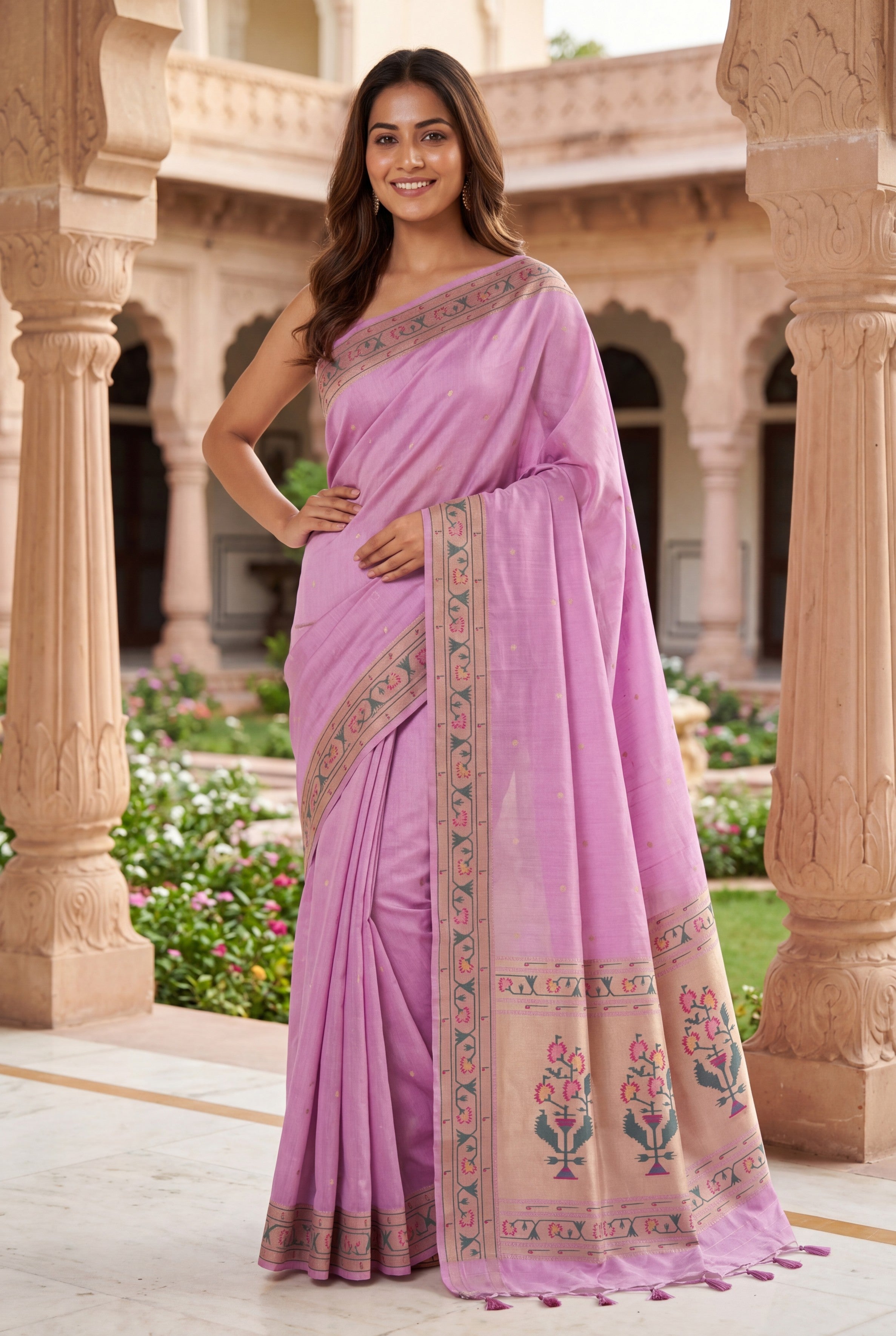 Baby Pink Tussar Silk Paithani Saree with Asawali border and Resham butti blouse