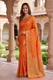 Orange Tussar Silk Banarasi Saree with Rose butti