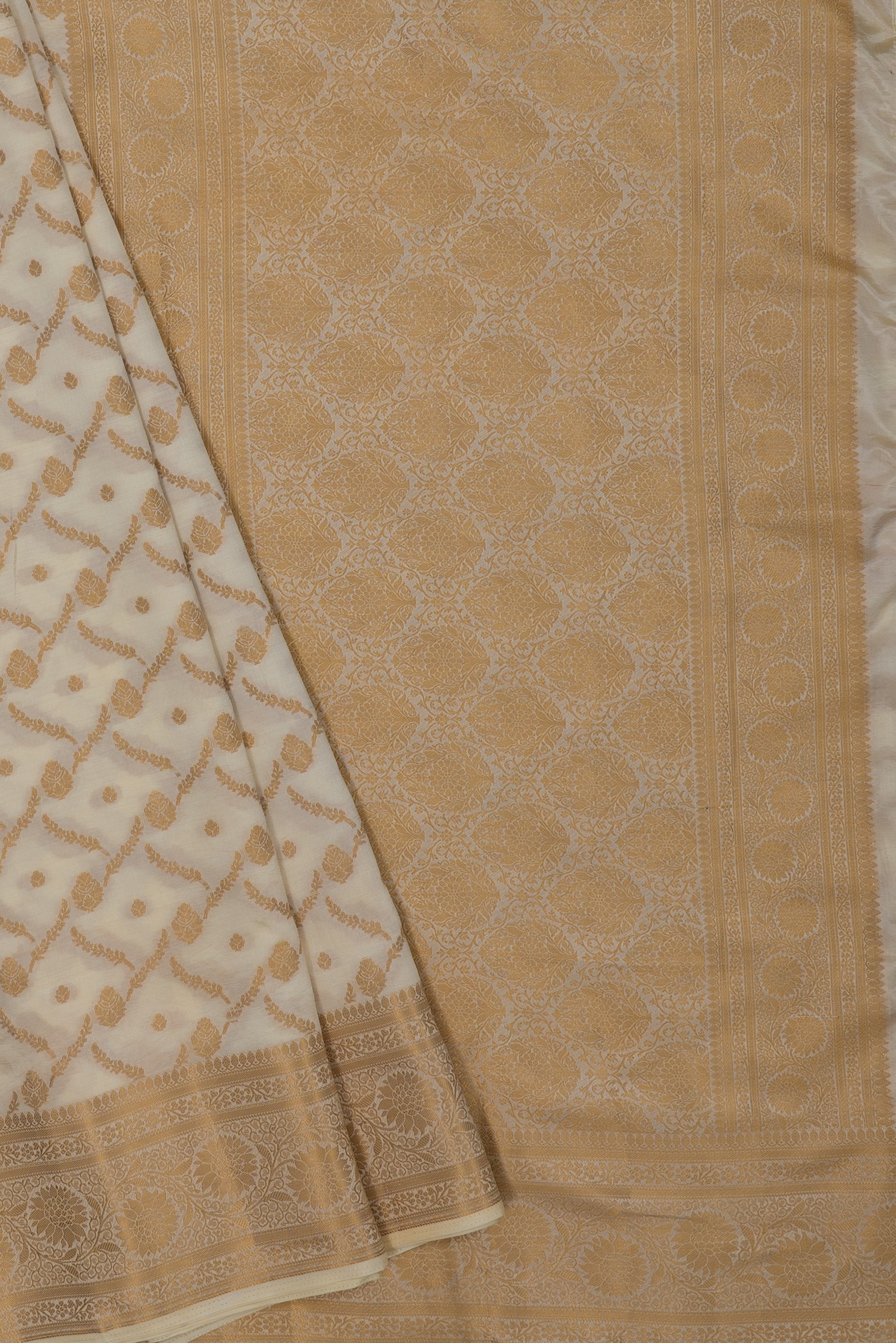 Pearl White Katan Silk Banarasi Saree with Statement Gold Zari Floral Border