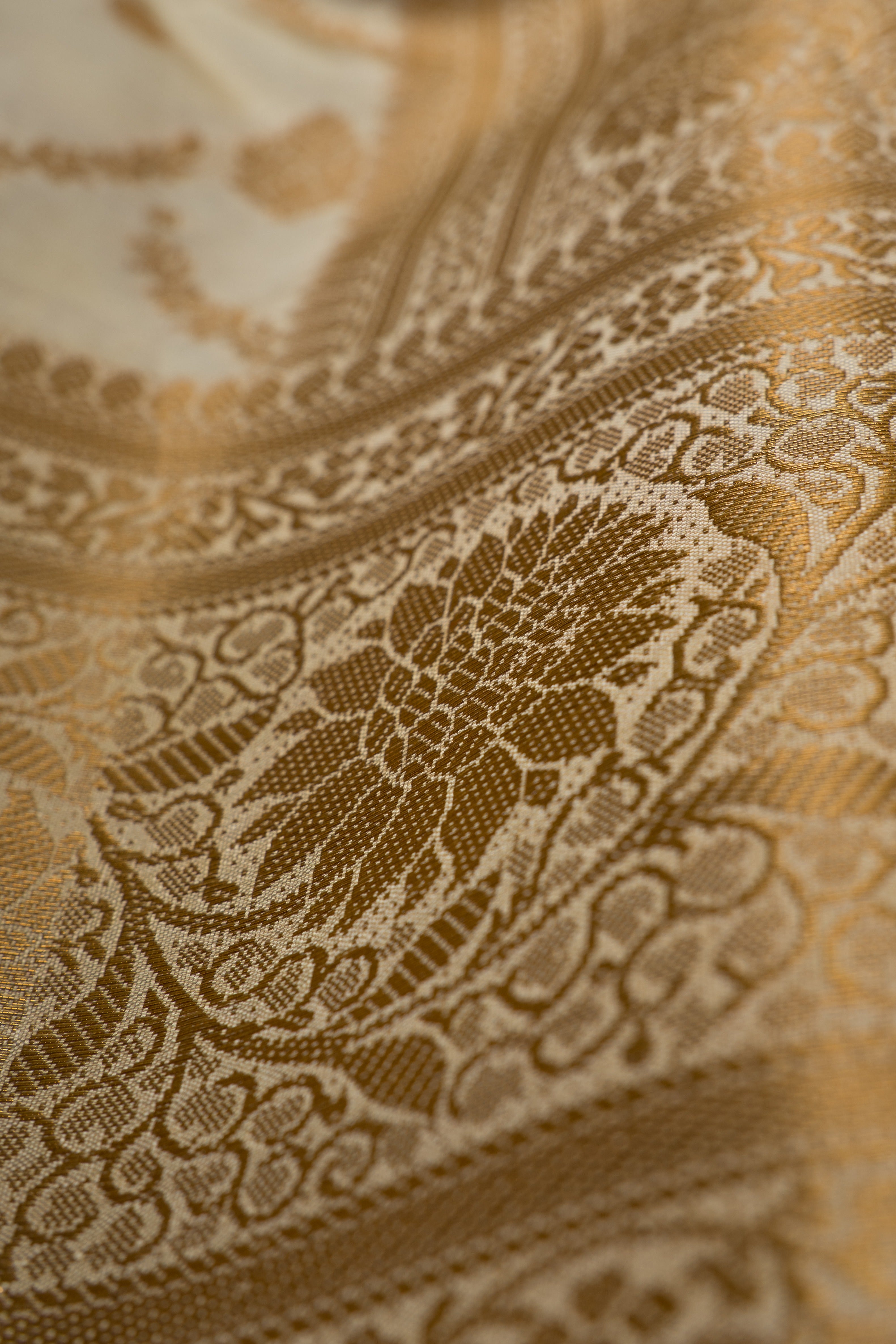 Pearl White Katan Silk Banarasi Saree with Statement Gold Zari Floral Border