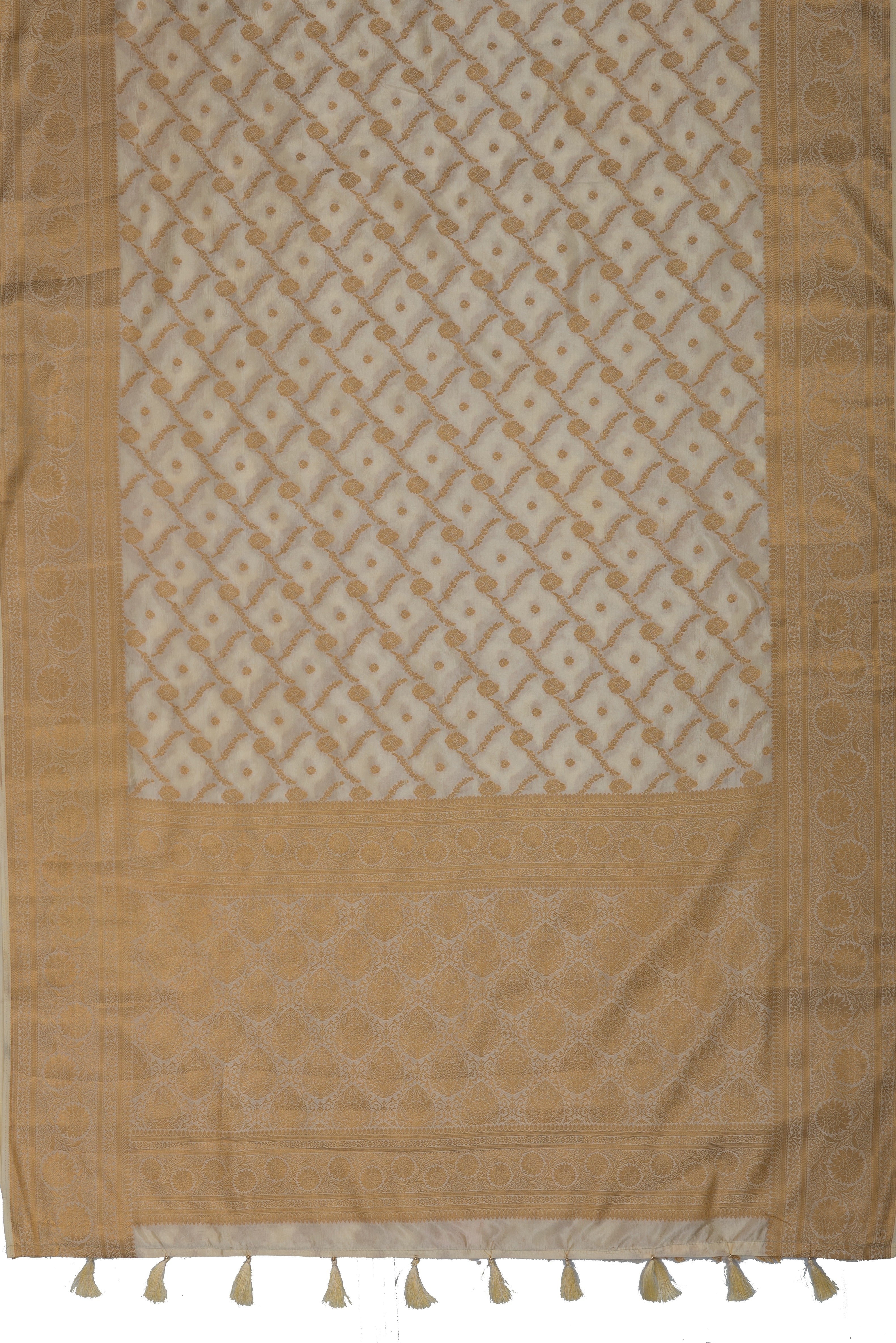 Pearl White Katan Silk Banarasi Saree with Statement Gold Zari Floral Border