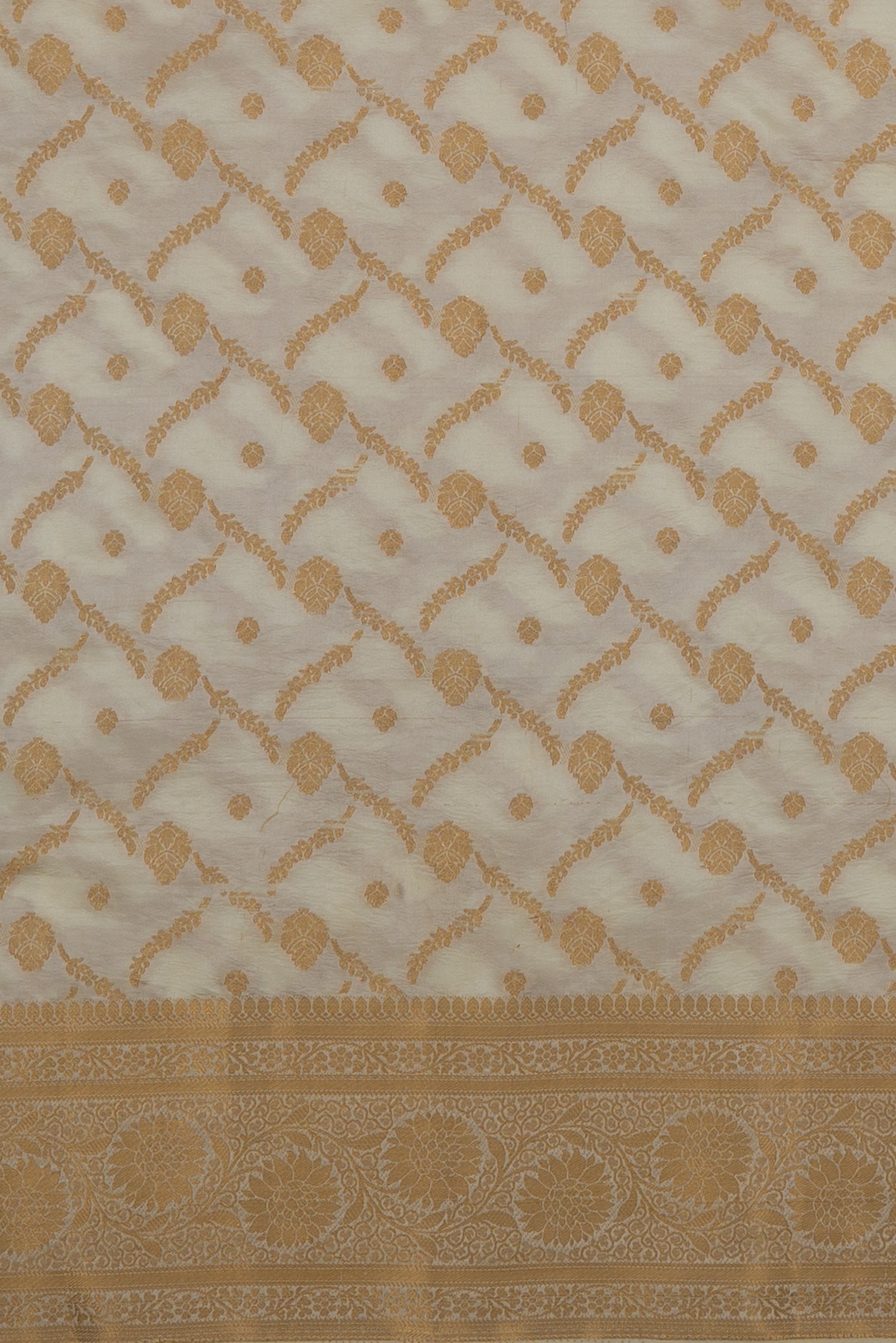 Pearl White Katan Silk Banarasi Saree with Statement Gold Zari Floral Border