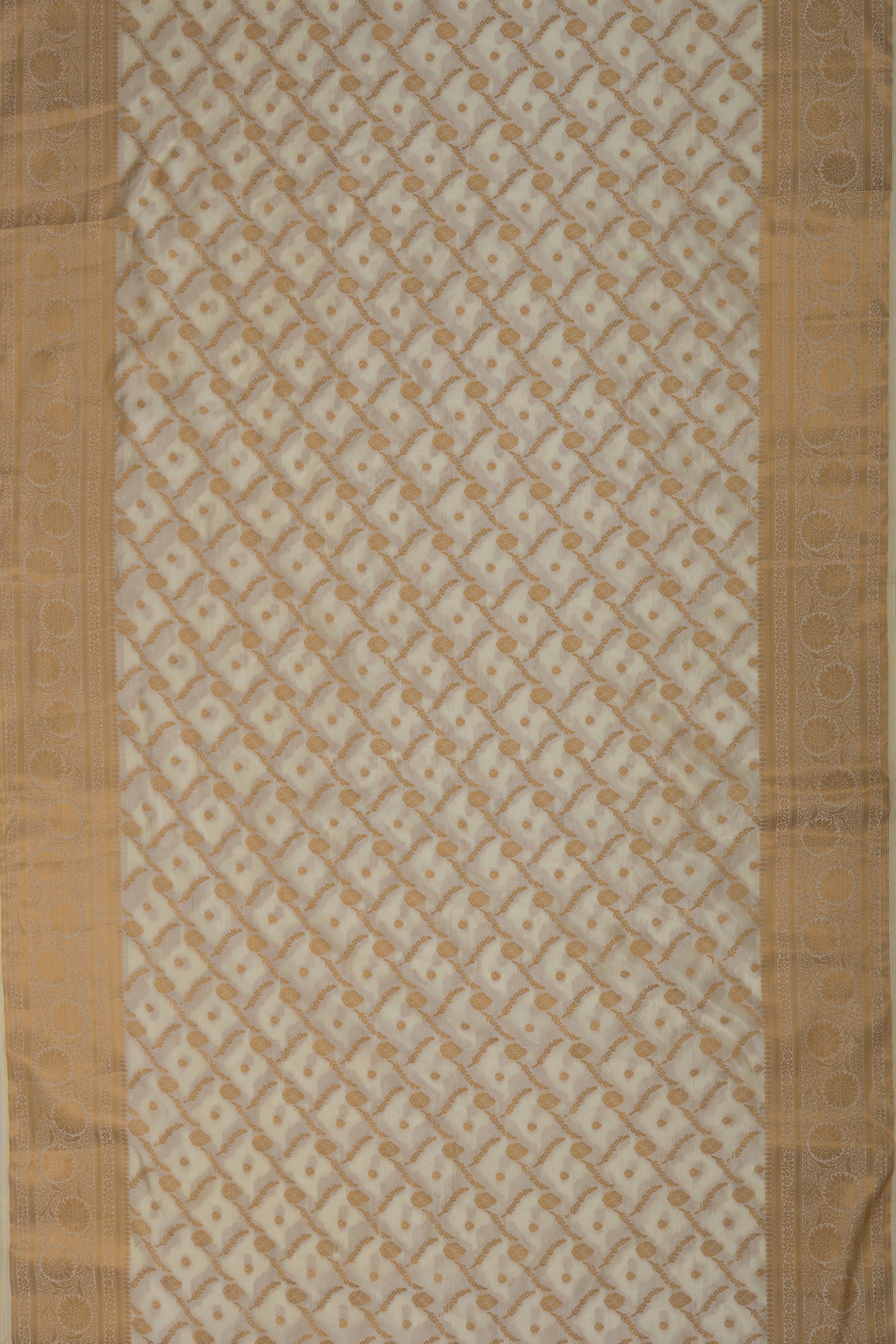 Pearl White Katan Silk Banarasi Saree with Statement Gold Zari Floral Border