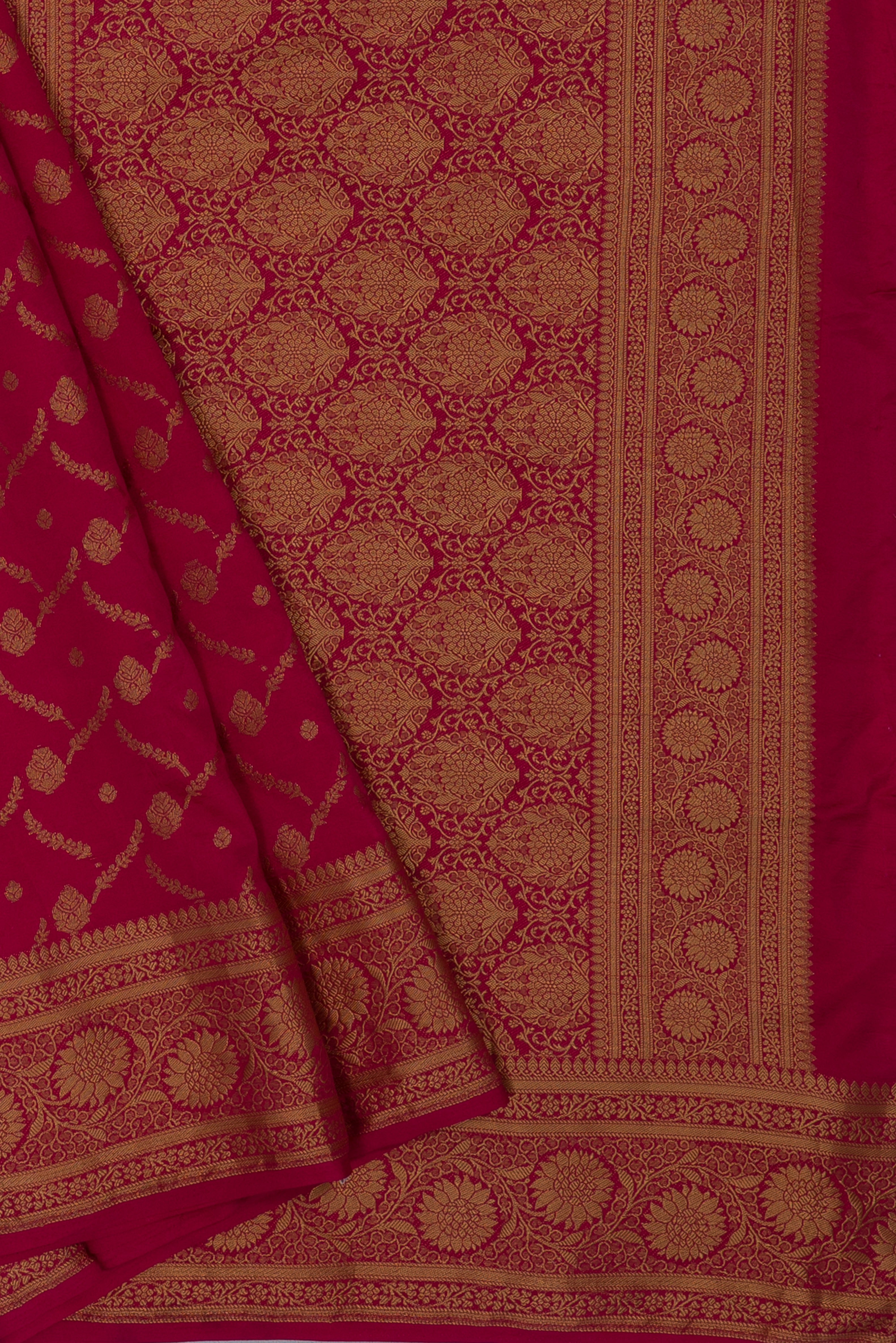 Rose Katan Silk Banarasi Saree with Statement Gold Zari Floral Border