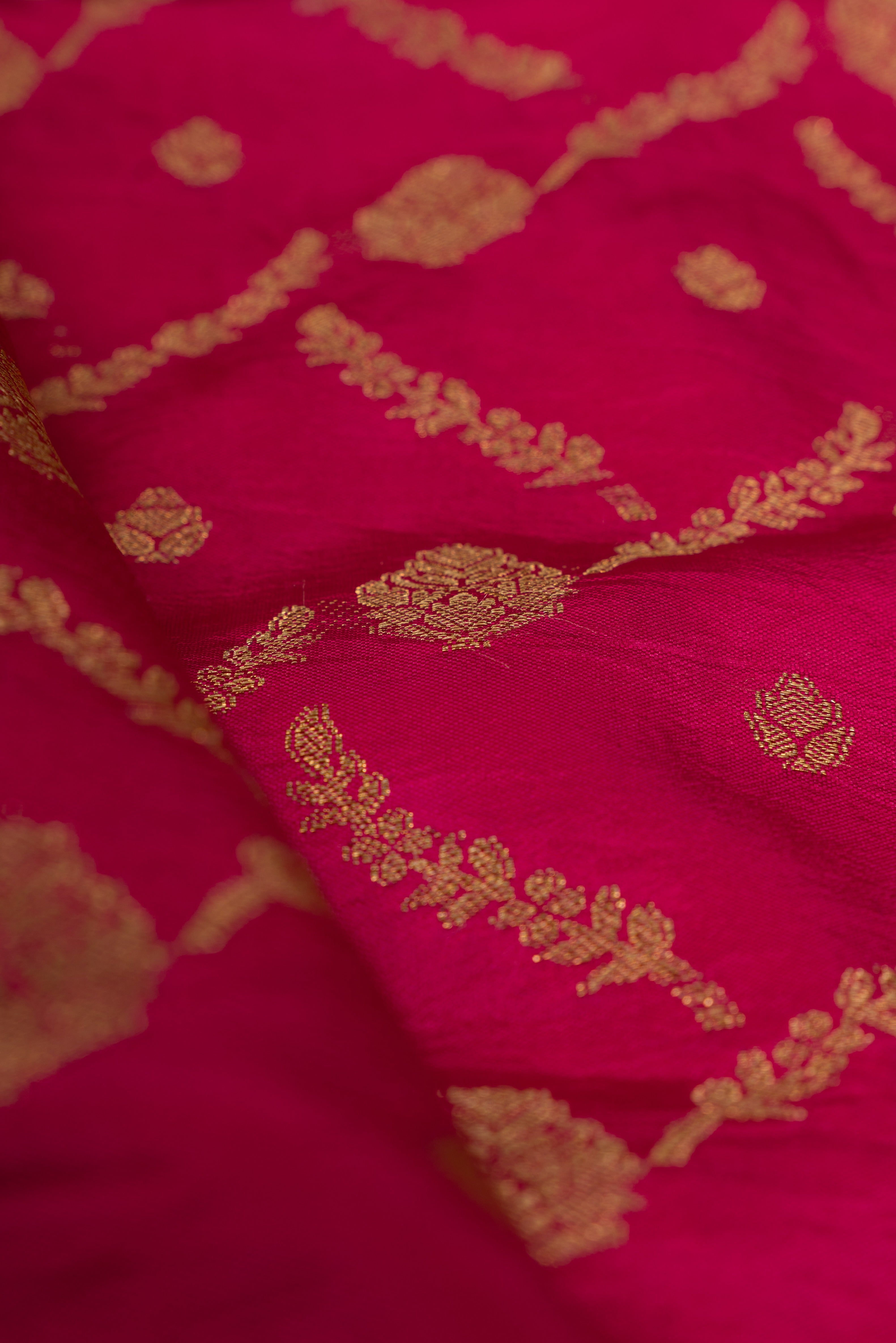 Rose Katan Silk Banarasi Saree with Statement Gold Zari Floral Border