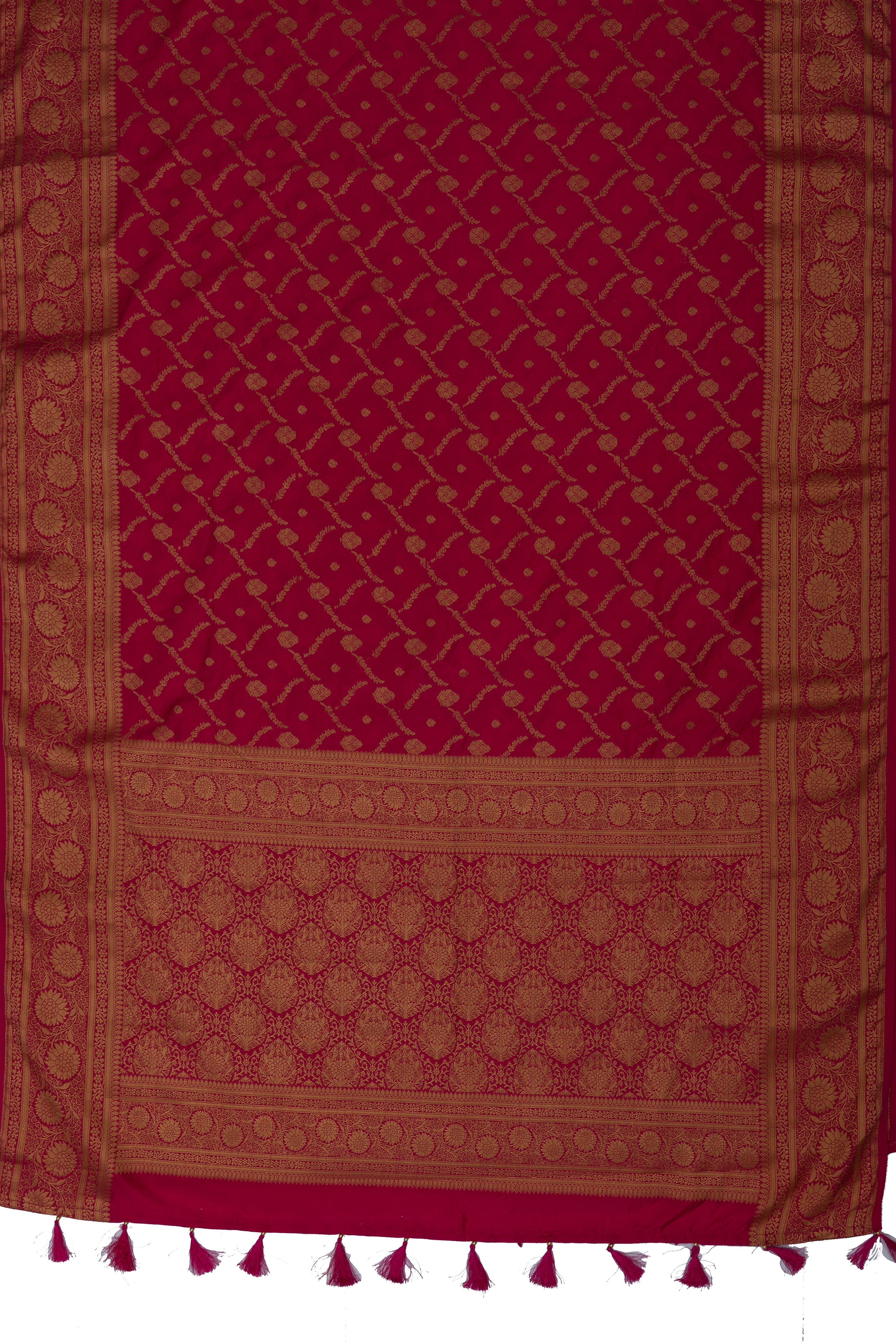 Rose Katan Silk Banarasi Saree with Statement Gold Zari Floral Border