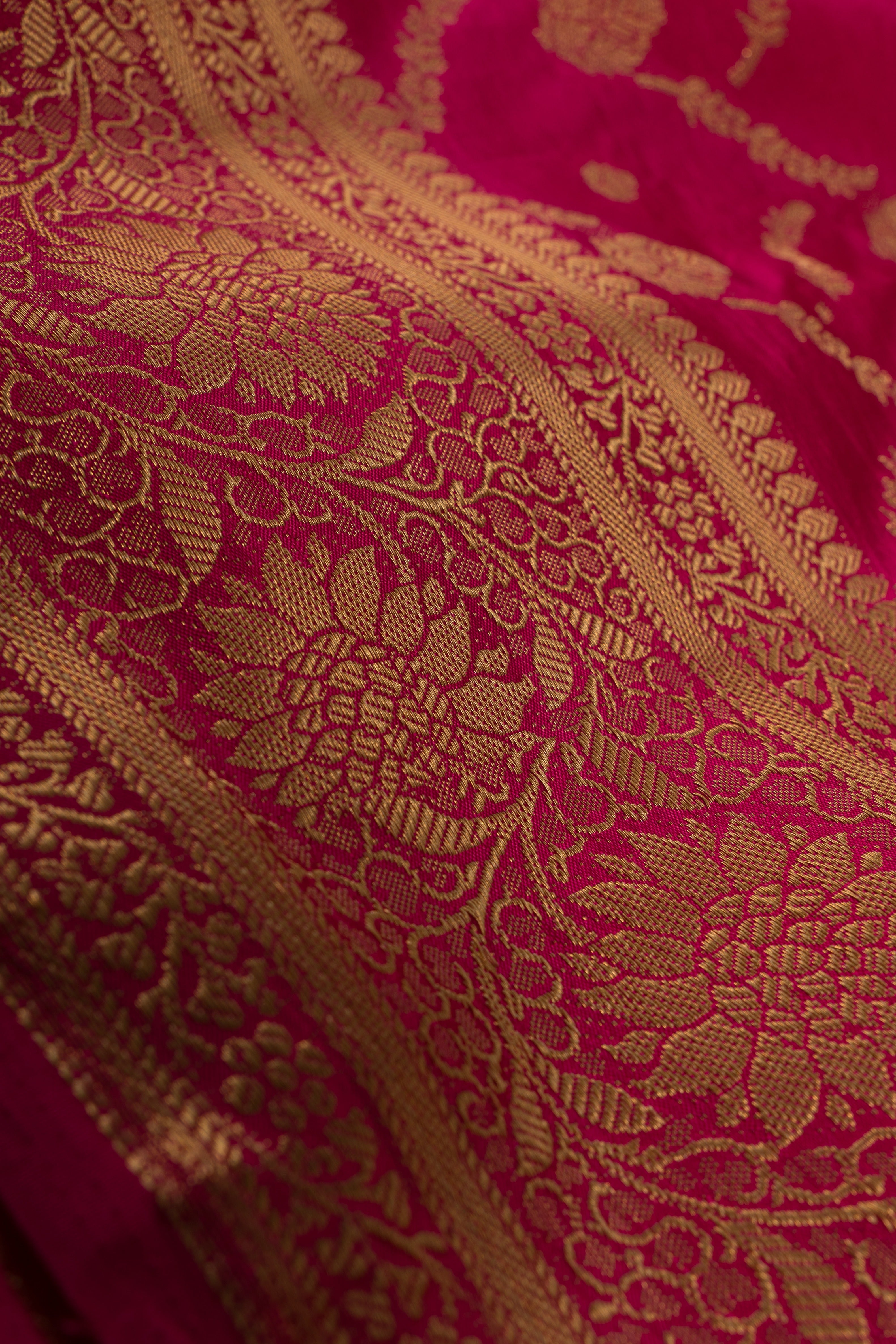 Rose Katan Silk Banarasi Saree with Statement Gold Zari Floral Border