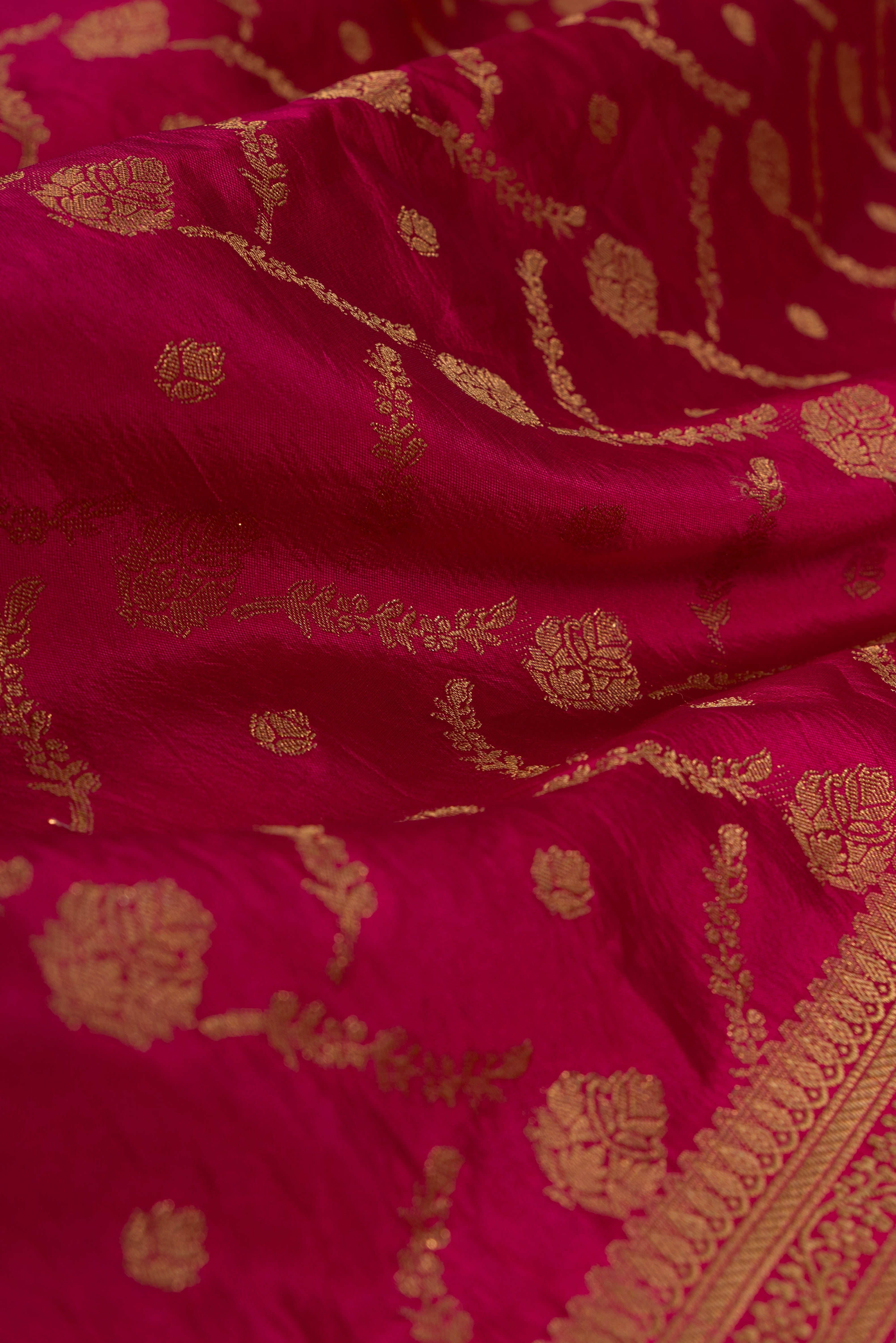 Rose Katan Silk Banarasi Saree with Statement Gold Zari Floral Border