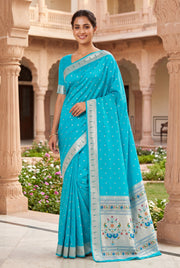 Sky Blue Raw Silk Paithani Saree with Munya border and Peacock Samay pallu