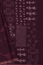 Mahogany Red Cotton Saree with Warli Print Pallu and Gold Zari Piping border