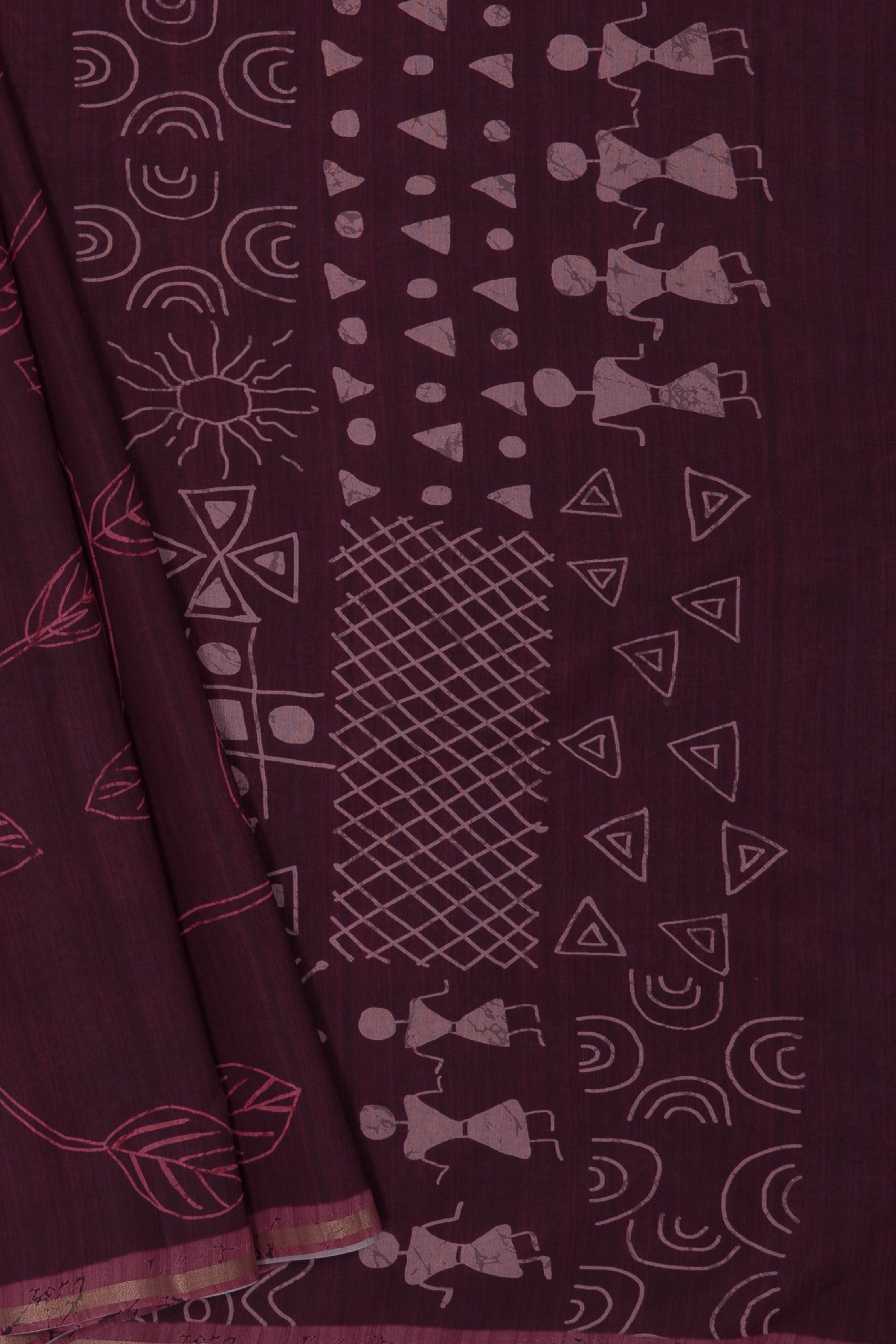Mahogany Red Cotton Saree with Warli Print Pallu and Gold Zari Piping border