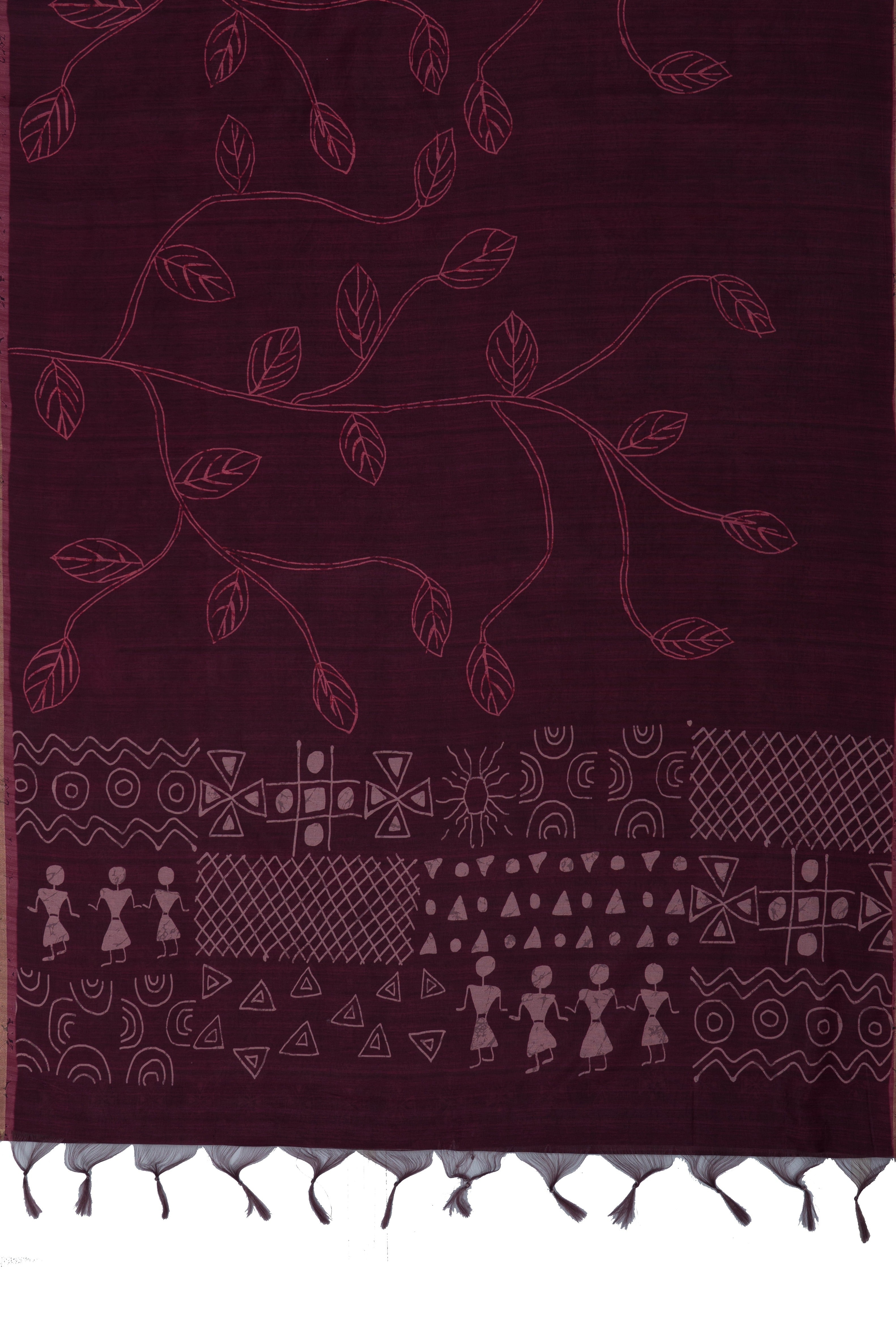 Mahogany Red Cotton Saree with Warli Print Pallu and Gold Zari Piping border