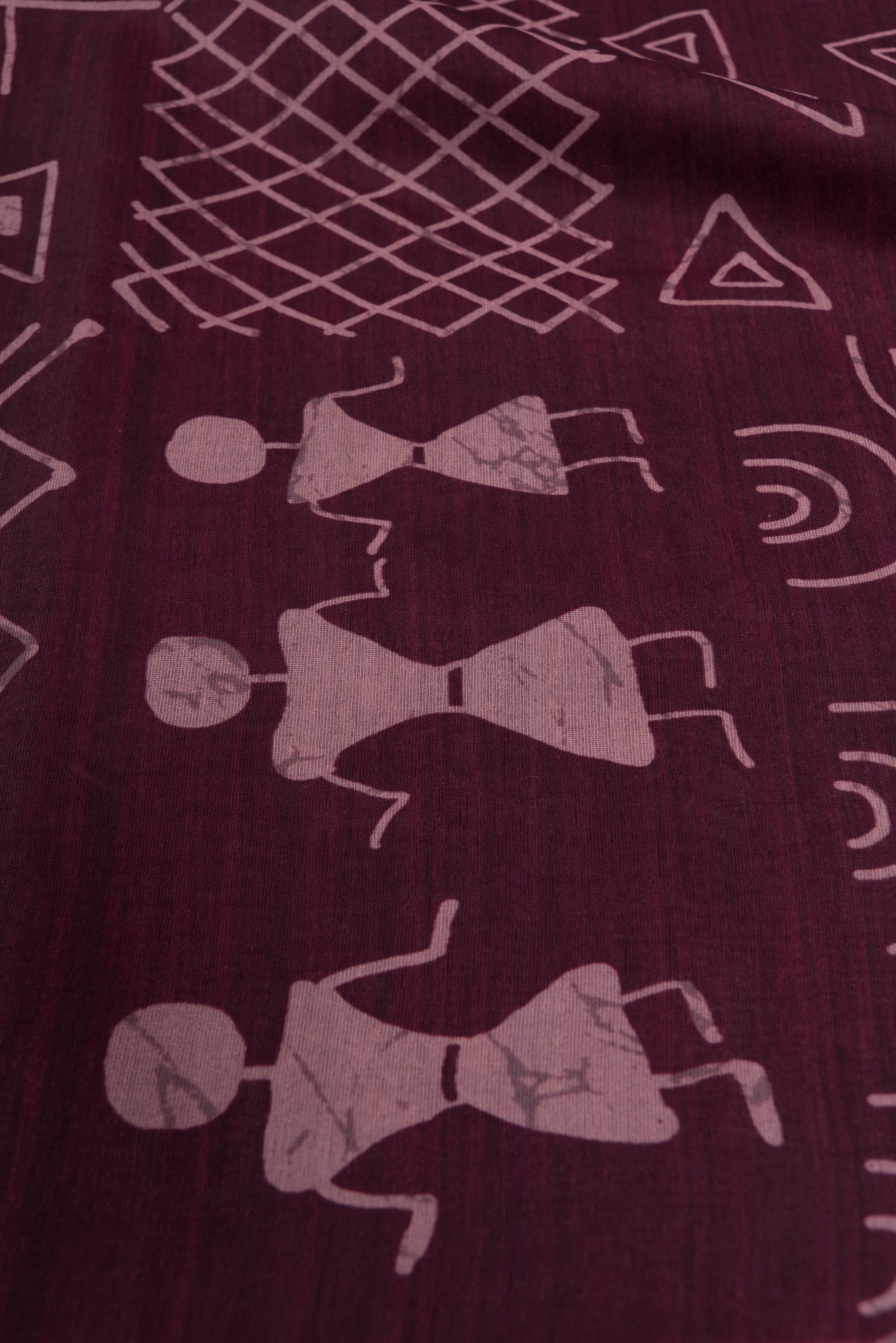 Mahogany Red Cotton Saree with Warli Print Pallu and Gold Zari Piping border