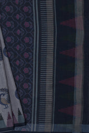 Grey and Navy Tussar Silk Saree with Gold Zari checks, Patola pallu and Temple border