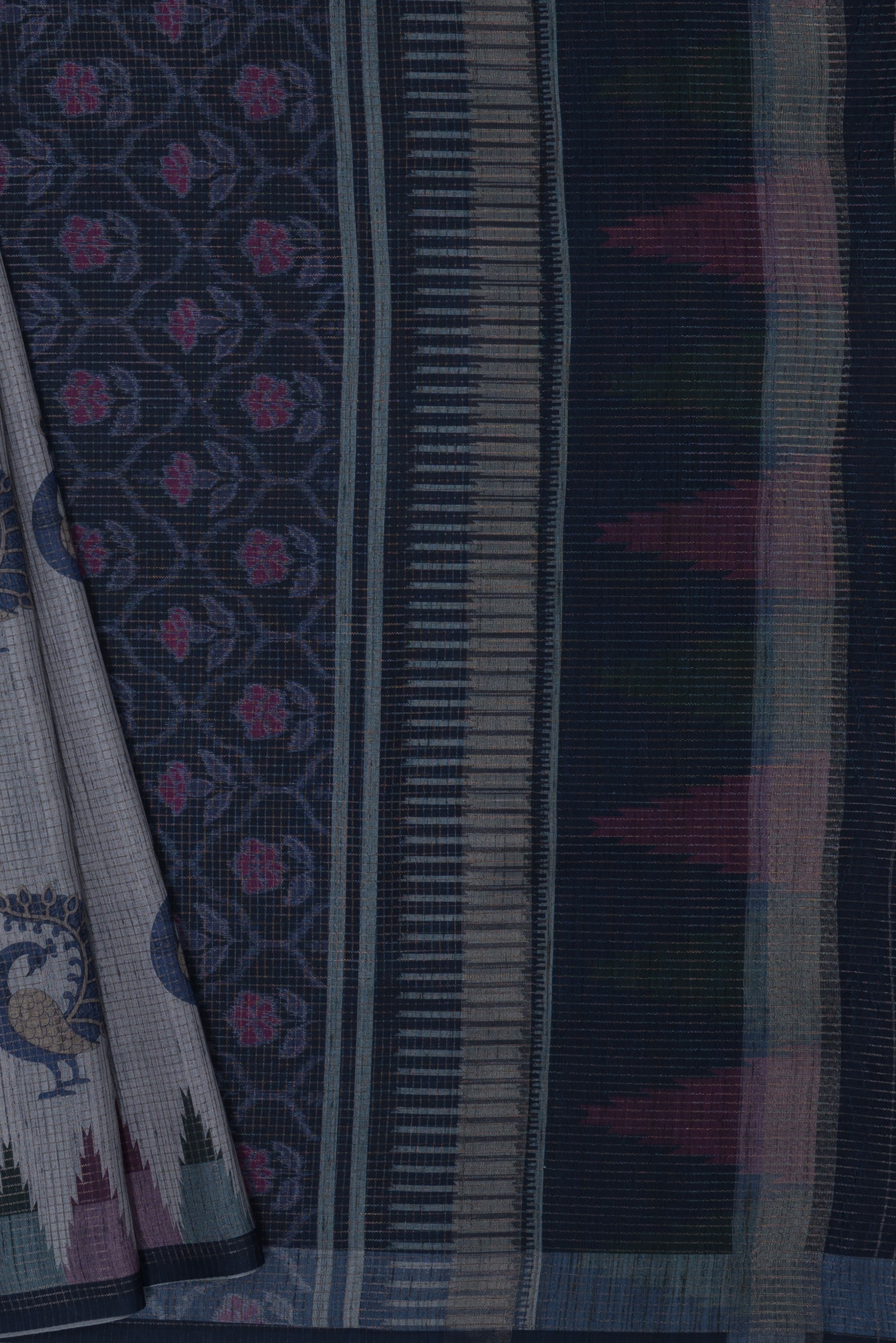 Grey and Navy Tussar Silk Saree with Gold Zari checks, Patola pallu and Temple border