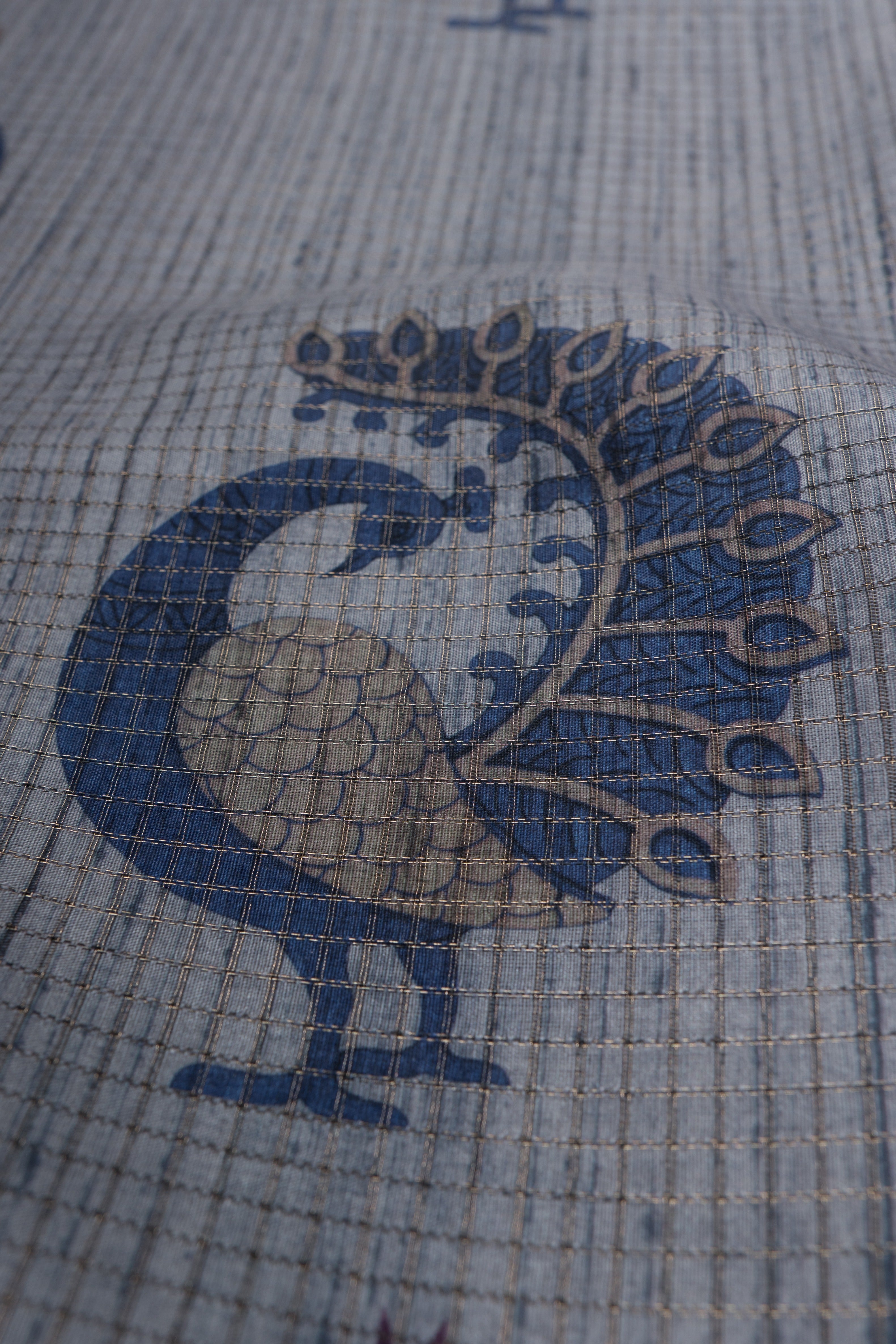 Grey and Navy Tussar Silk Saree with Gold Zari checks, Patola pallu and Temple border