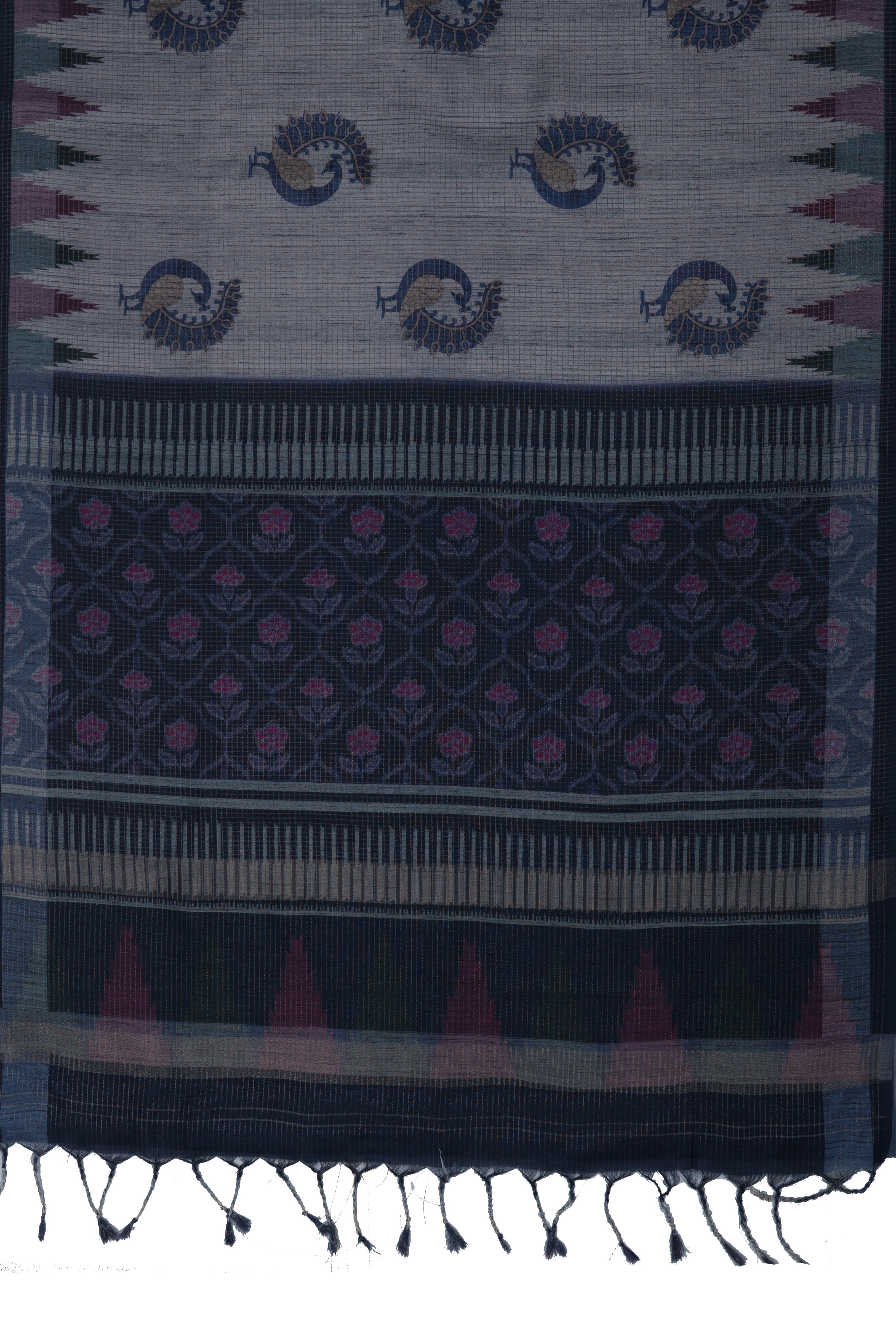 Grey and Navy Tussar Silk Saree with Gold Zari checks, Patola pallu and Temple border