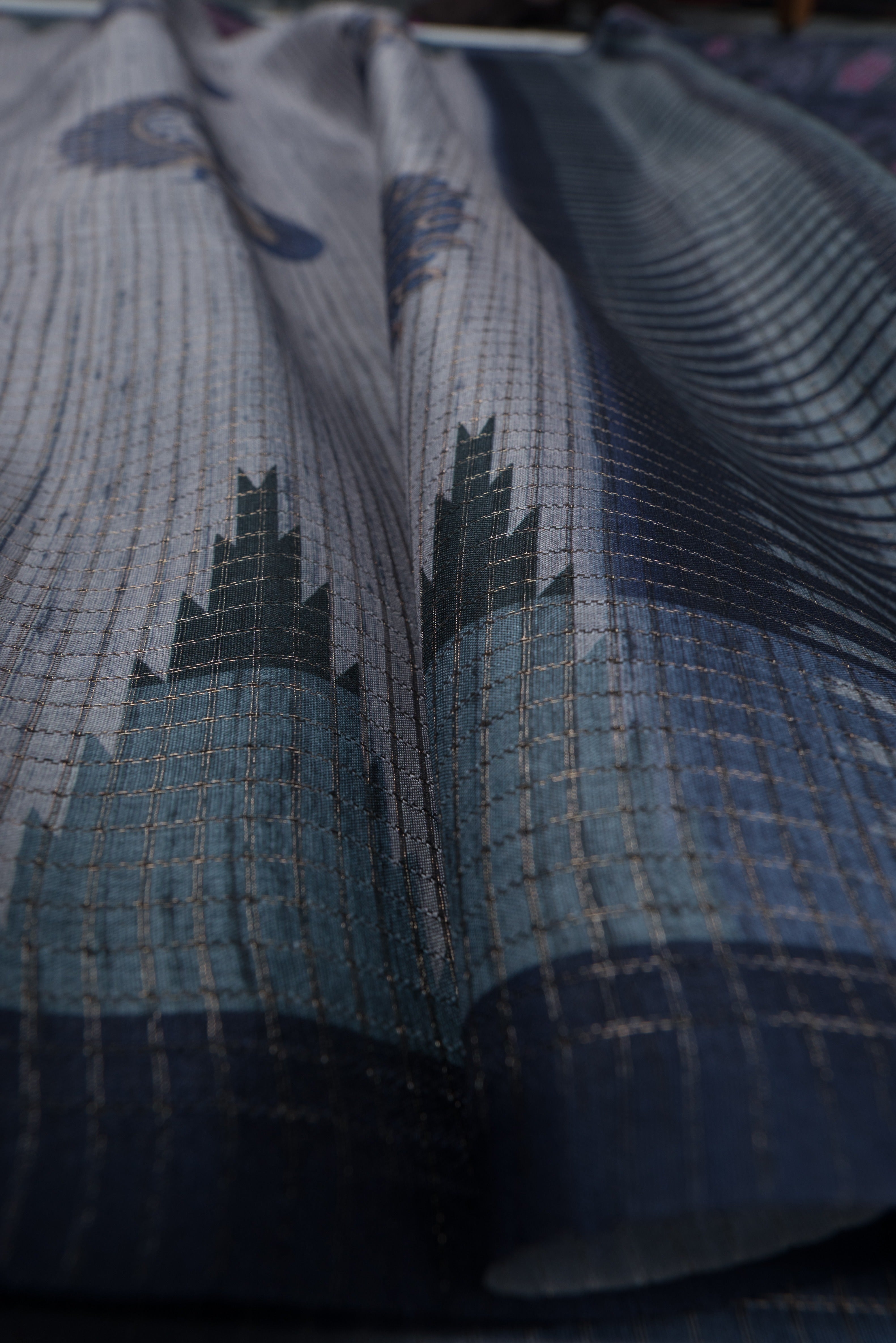 Grey and Navy Tussar Silk Saree with Gold Zari checks, Patola pallu and Temple border