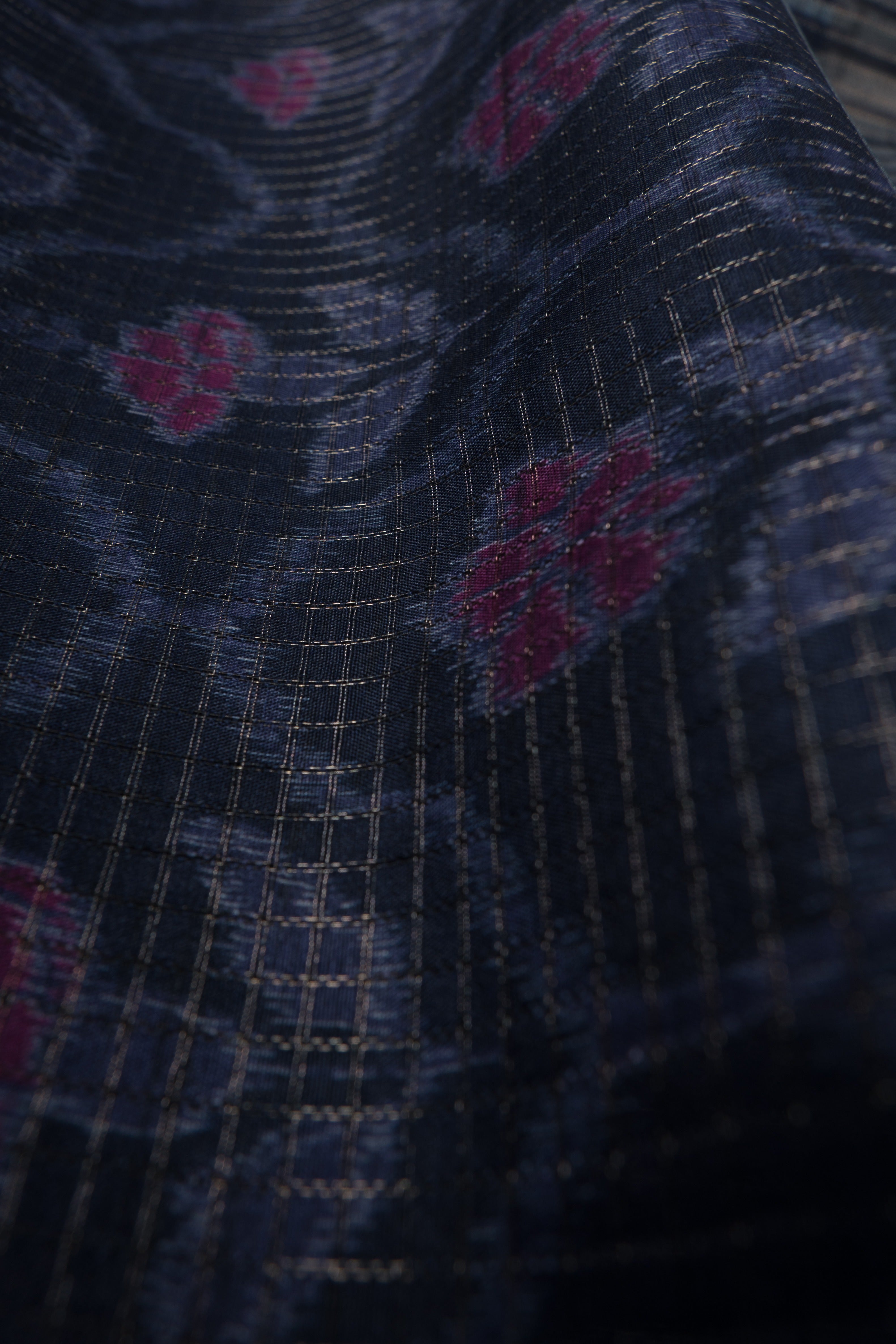 Grey and Navy Tussar Silk Saree with Gold Zari checks, Patola pallu and Temple border